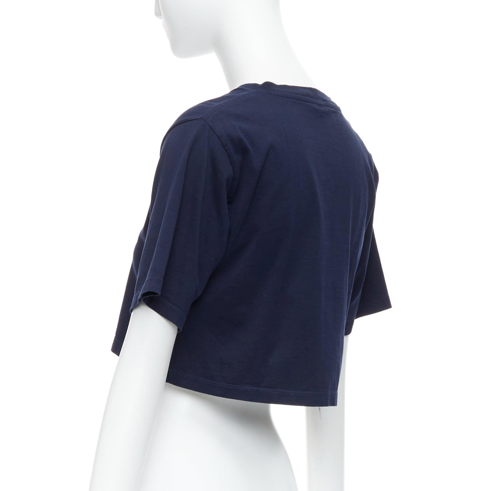 CELINE azul marino blanco gran varsity logo París boxy camiseta crop cuello redondo XS 1