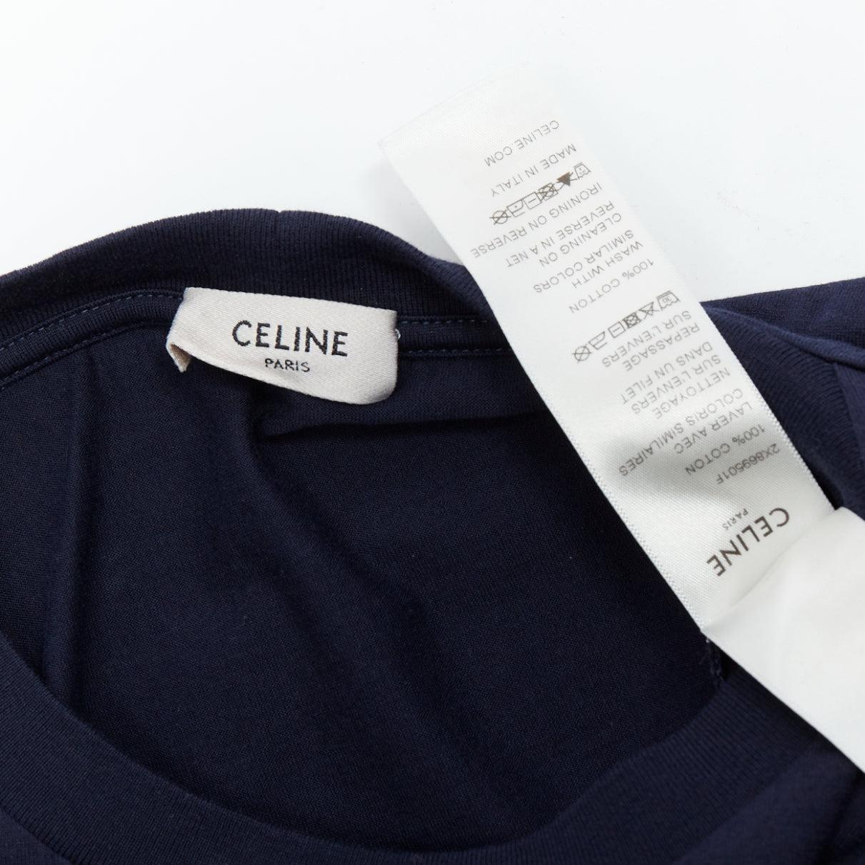 CELINE azul marino blanco gran varsity logo París boxy camiseta crop cuello redondo XS 3
