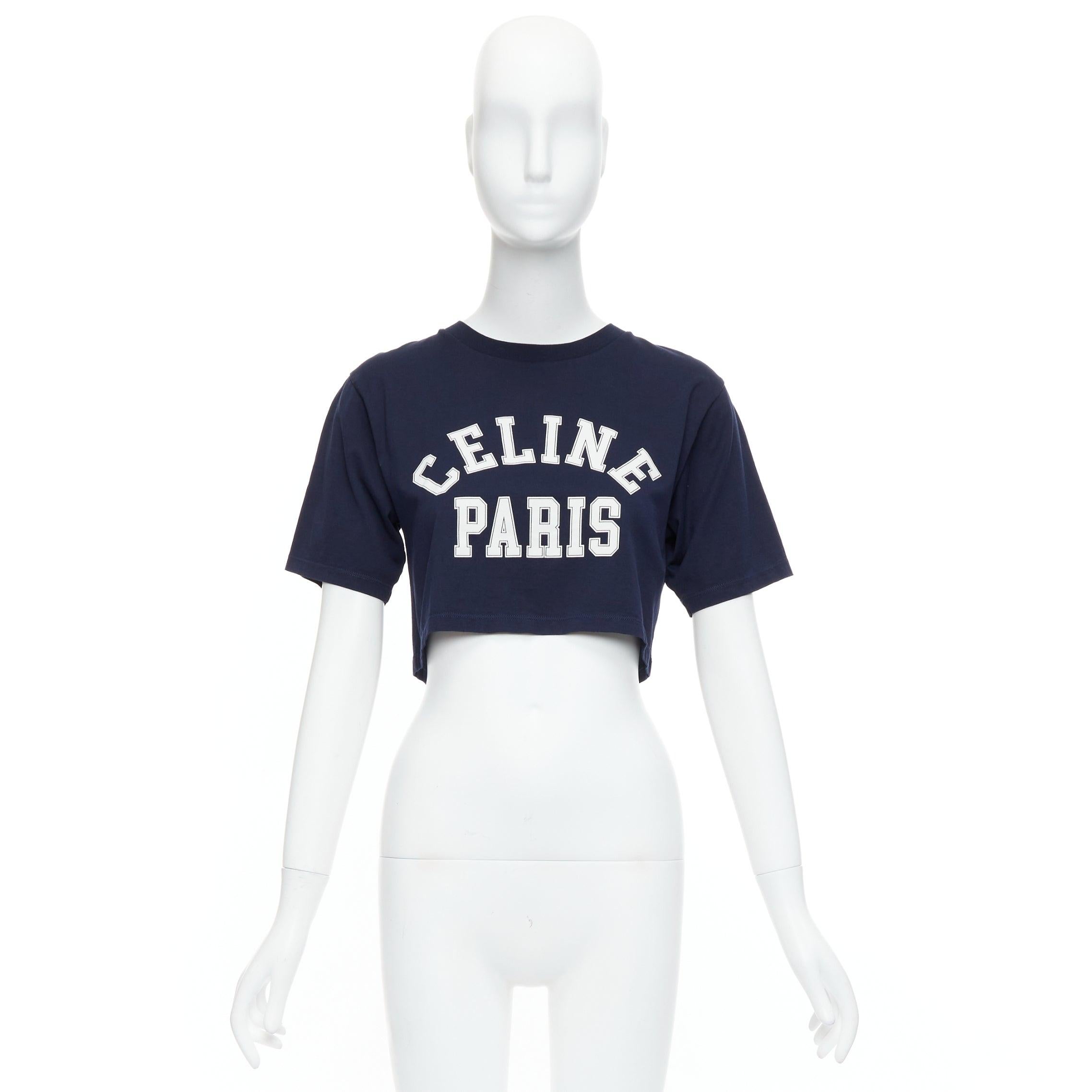 CELINE azul marino blanco gran varsity logo París boxy camiseta crop cuello redondo XS 4