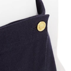 CELINE navy wool felt gold crest button wrap high waist midi skirt FR36 S