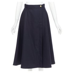 CELINE navy wool felt gold crest button wrap high waist midi skirt FR36 S