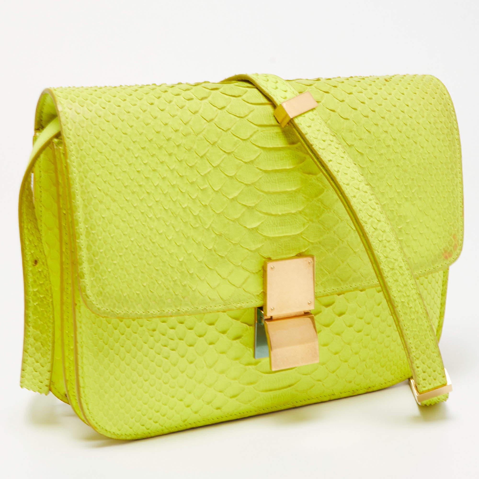 Celine Neon Green Python Medium Classic Box Shoulder Bag 5