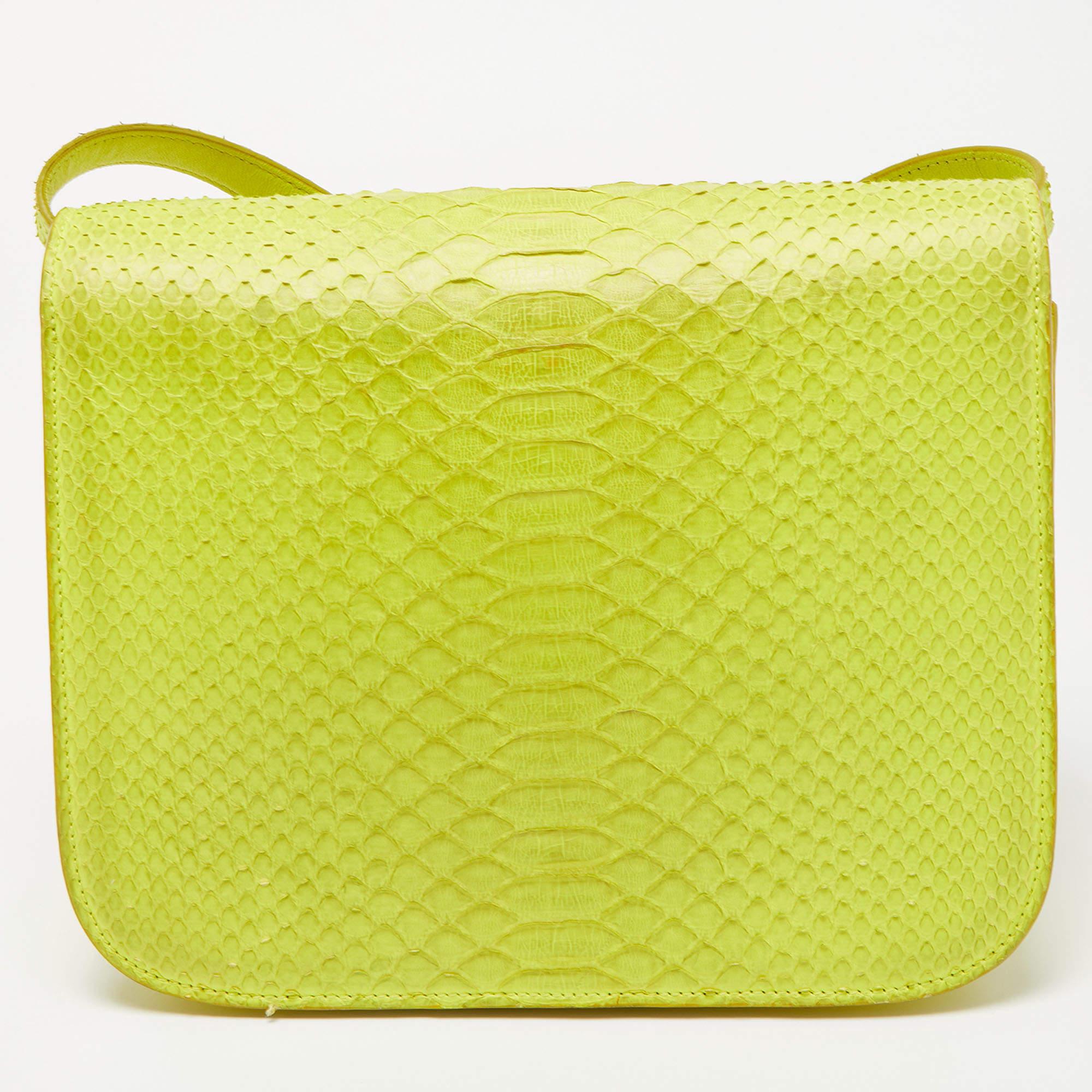 Yellow Celine Neon Green Python Medium Classic Box Shoulder Bag