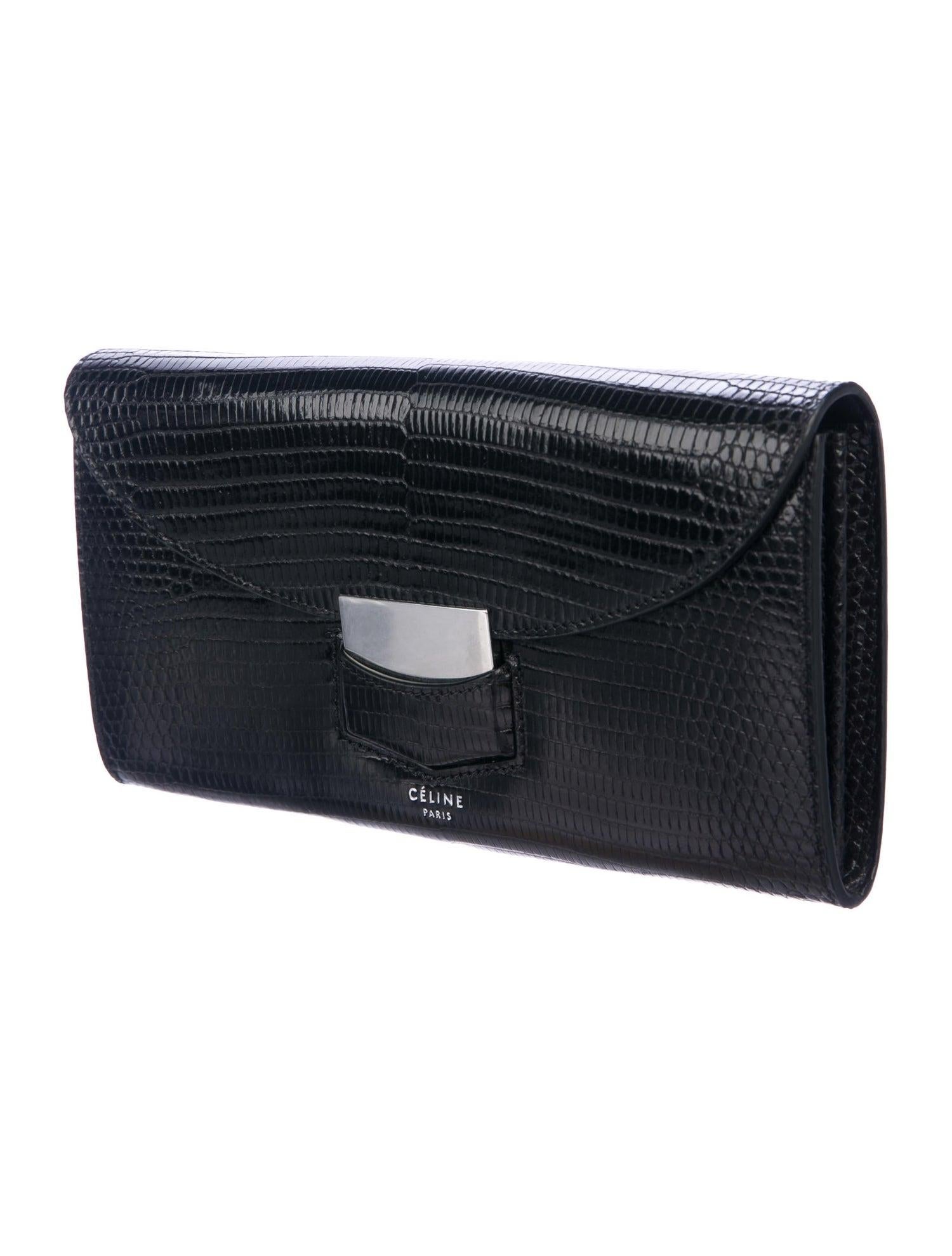 Women's Celine NEW Black Lizard Exotic Skin Leather Silver Clutch Wallet in Box