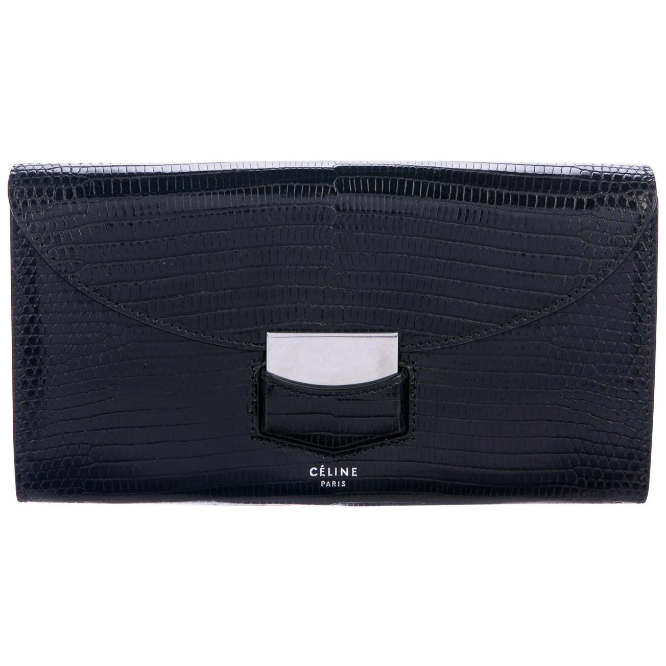 Celine NEW Black Lizard Exotic Skin Leather Silver Clutch Wallet in Box