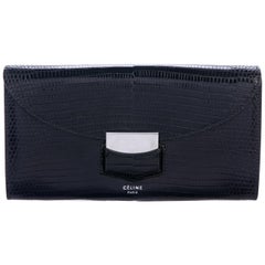 Celine NEW Black Lizard Exotic Skin Leather Silver Clutch Wallet in Box