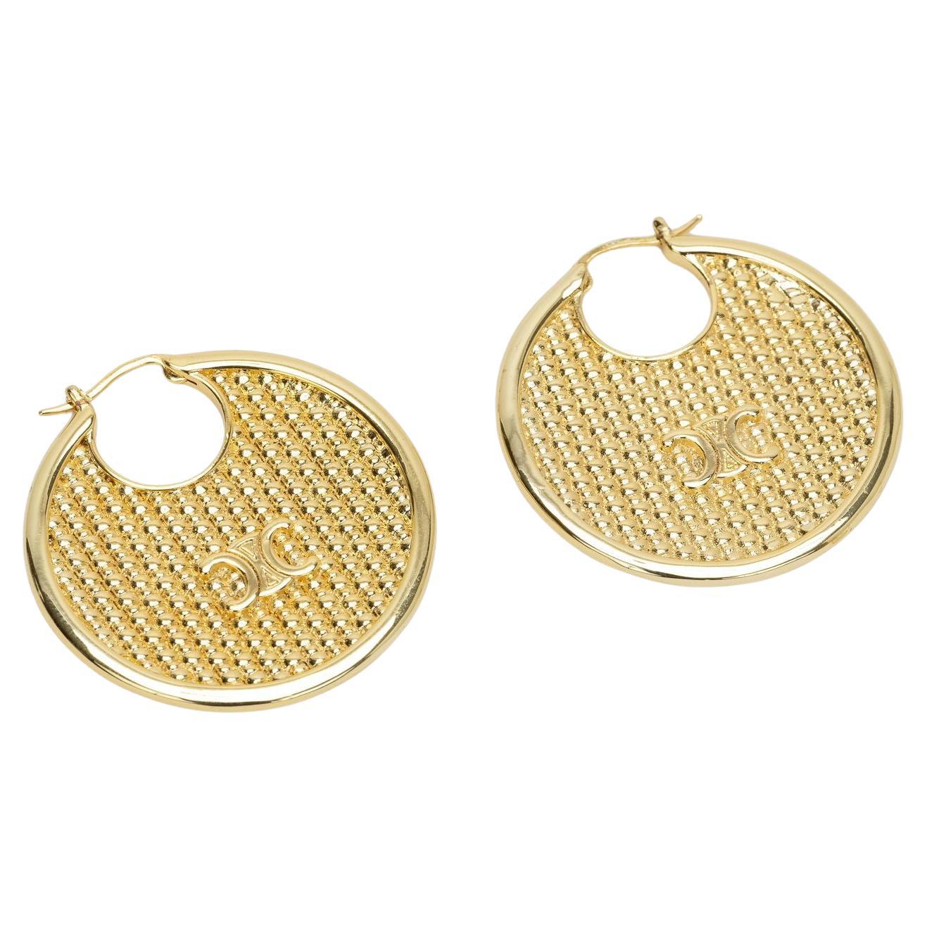 Celine New Logo Pierced Gold Hoops For Sale