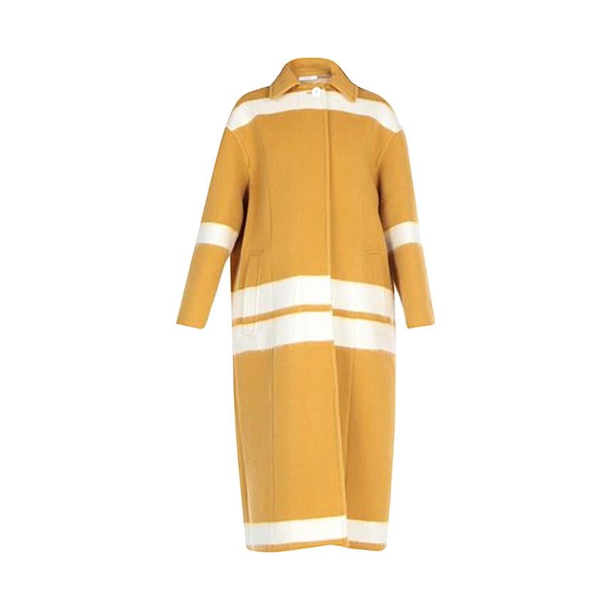 Celine NEW Mustard White Striped Oversize Wool Cashmere Long Trench PeaCoat 
