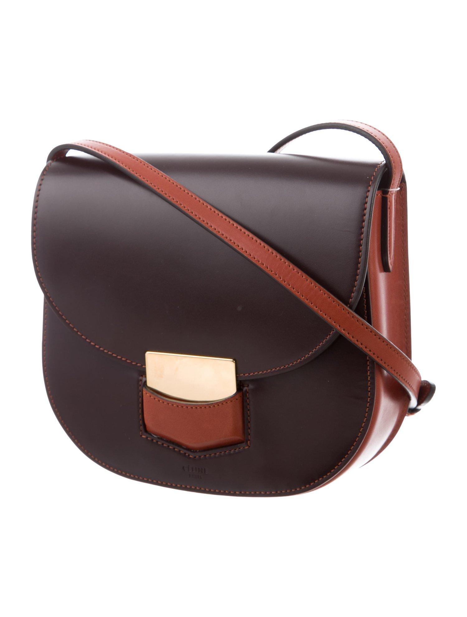 Black Celine NEW Phoebe Philo Brown Leather Gold Small Saddle Flap Shoulder Bag