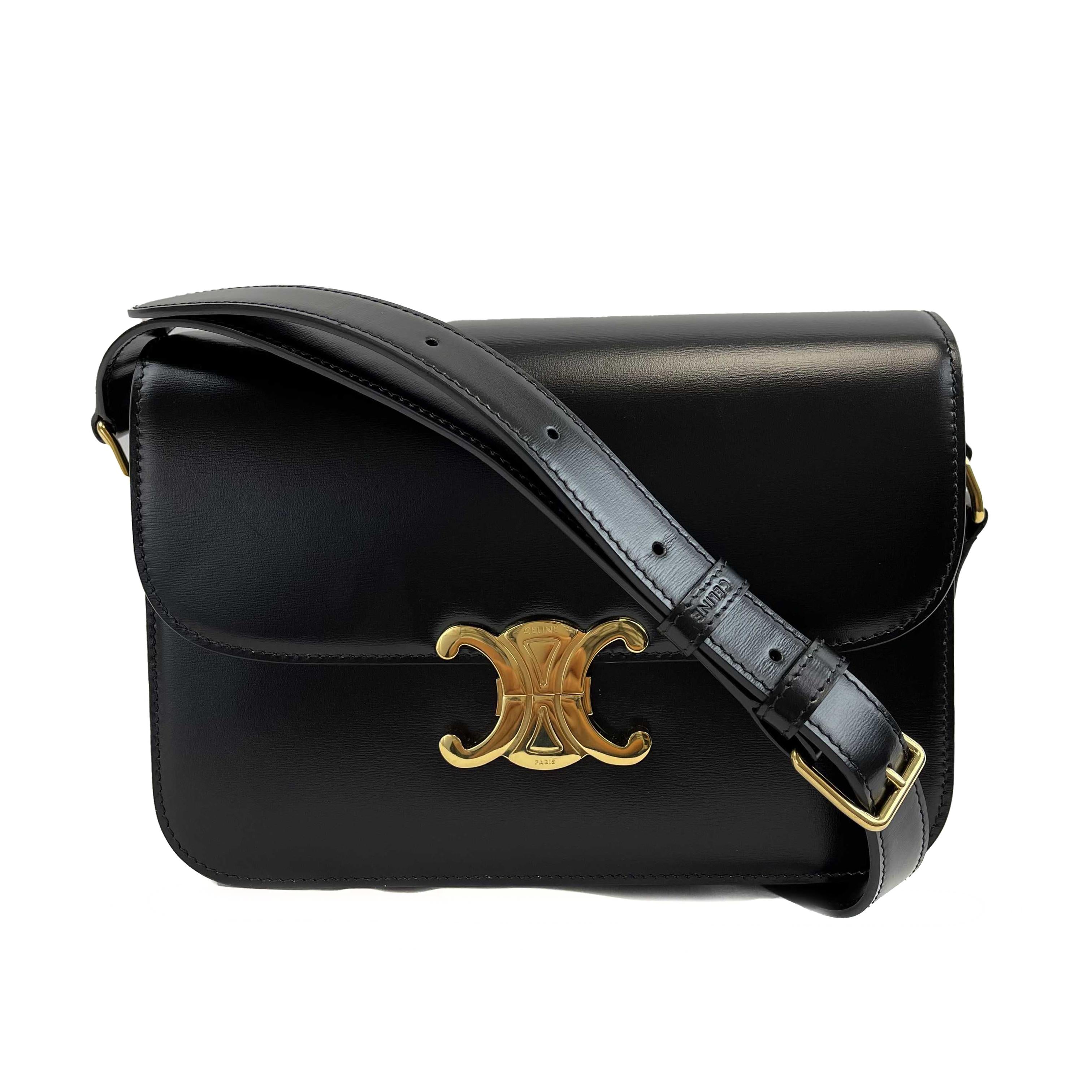 Celine - New w/o Tags - Triomphe Medium Black Shiny Calfskin Handbag 7