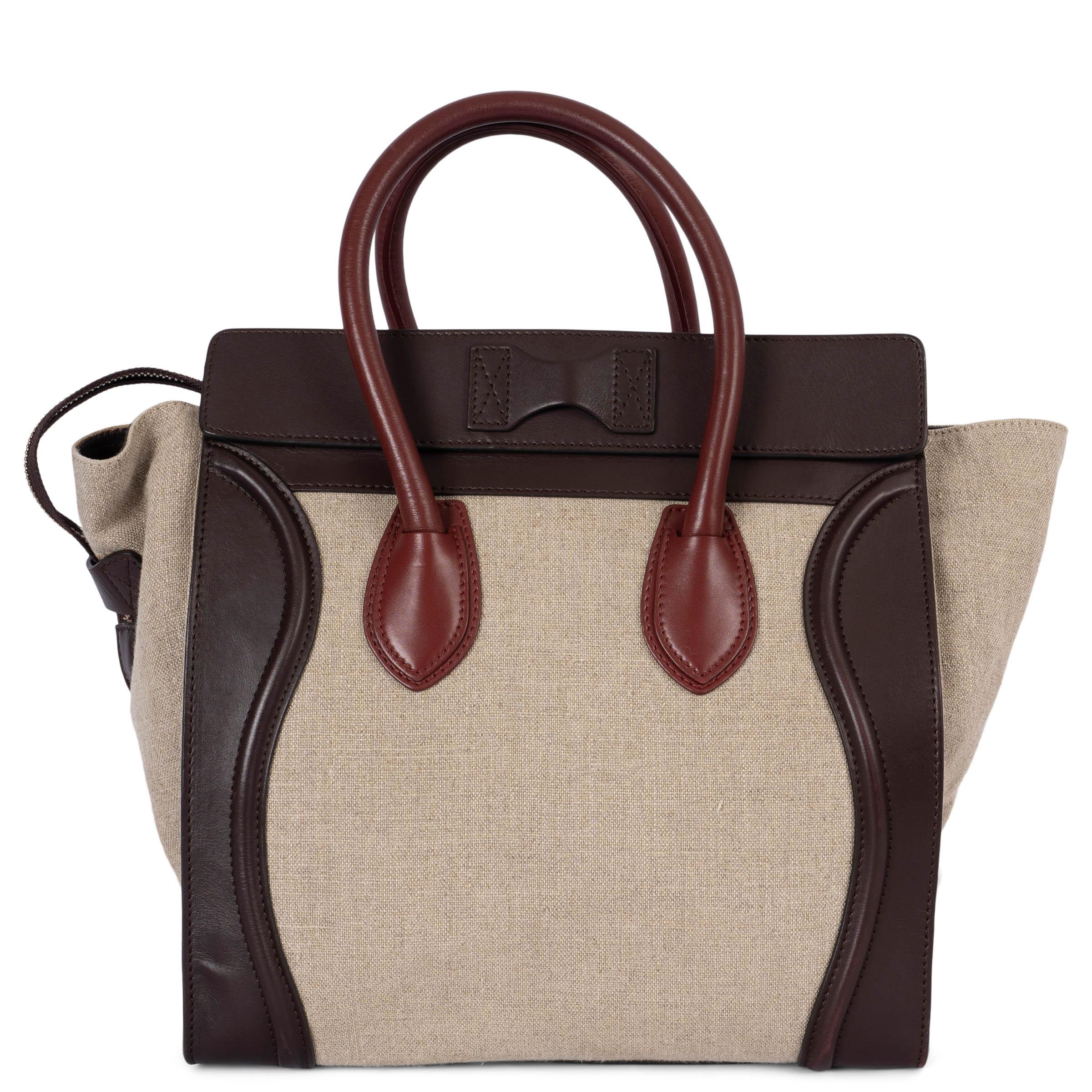 Red CELINE oatmeal brown burgundy canvas & leather MINI LUGGAGE Tote Bag For Sale