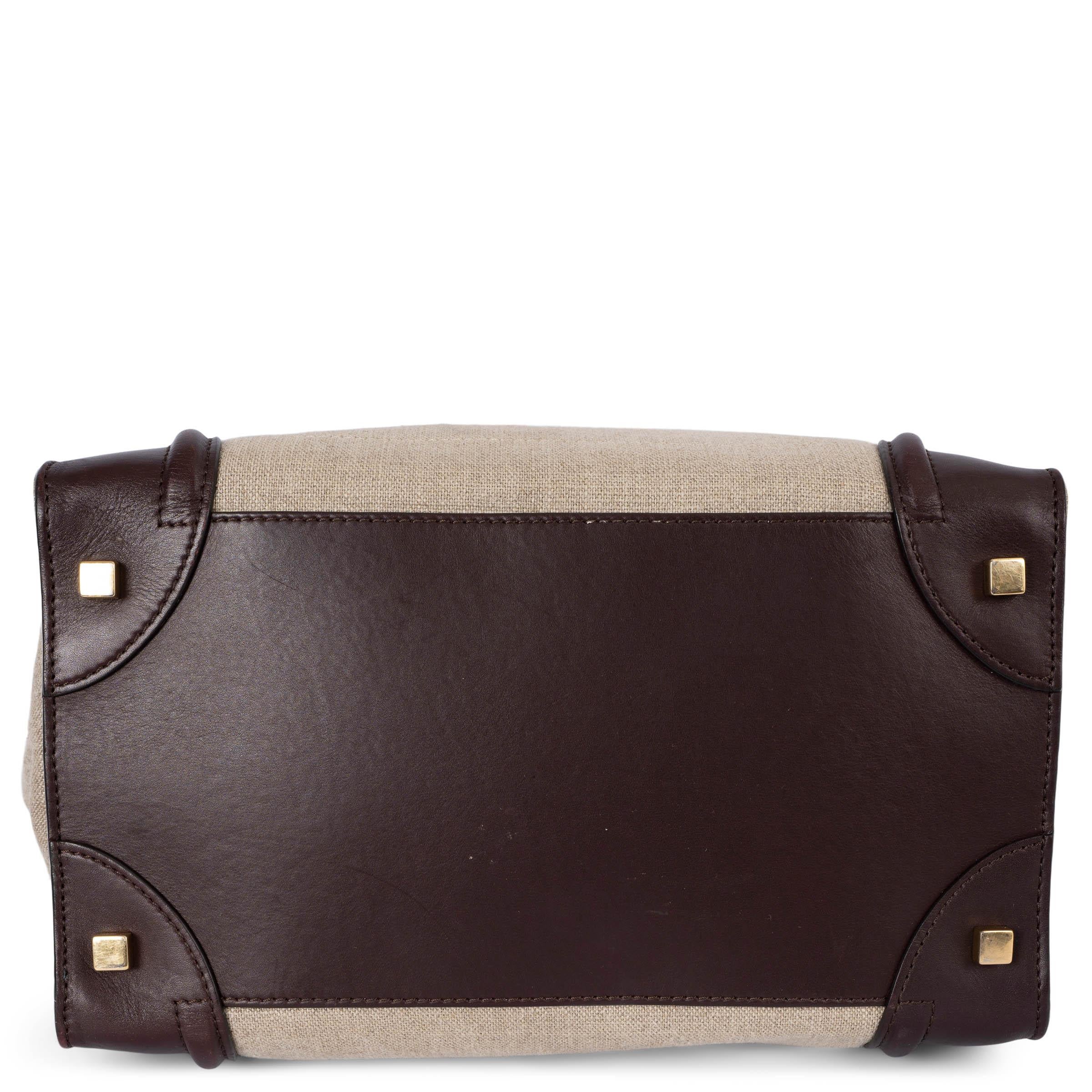 CELINE oatmeal brown burgundy canvas & leather MINI LUGGAGE Tote Bag In Excellent Condition For Sale In Zürich, CH