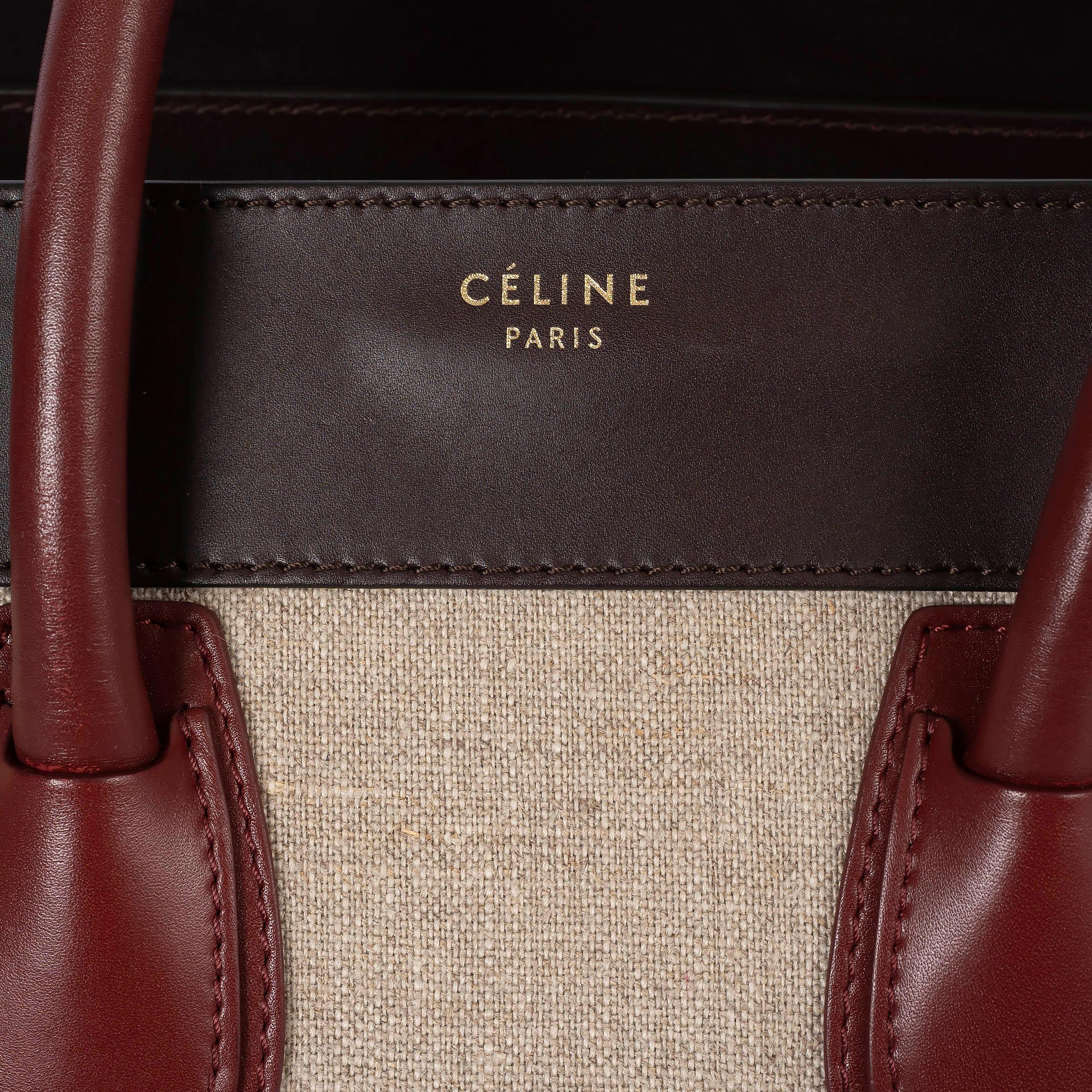CELINE oatmeal brown burgundy canvas & leather MINI LUGGAGE Tote Bag For Sale 1