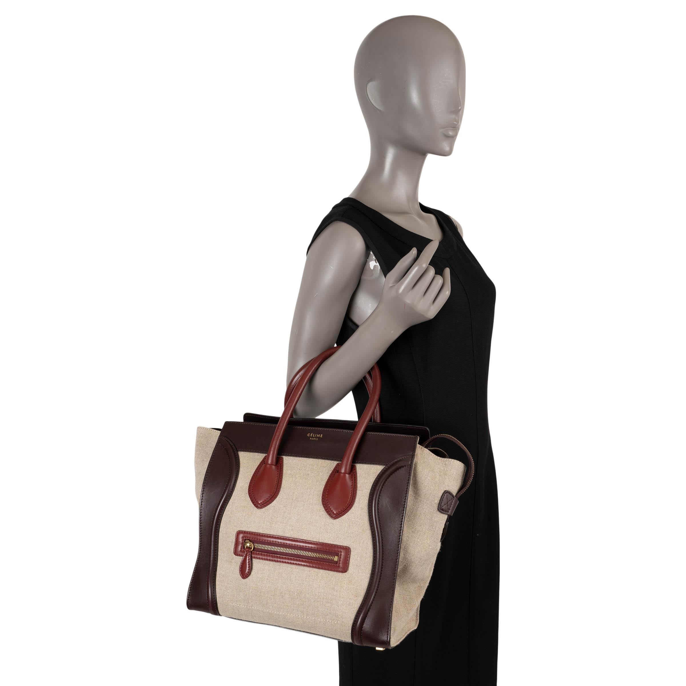 CELINE oatmeal brown burgundy canvas & leather MINI LUGGAGE Tote Bag For Sale 3