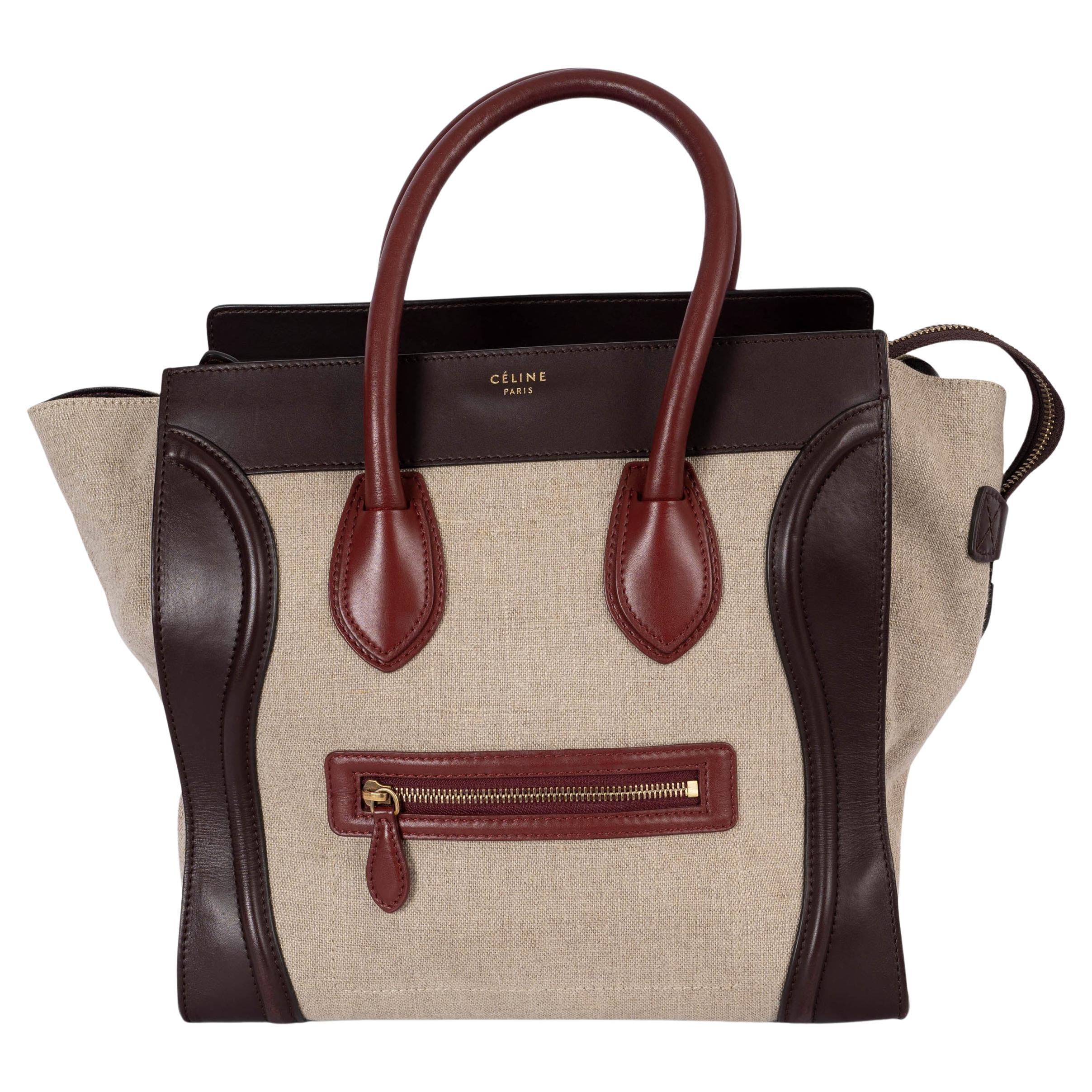 CELINE Bolso MINI LUGGAGE de lona y piel marrón avena burdeos