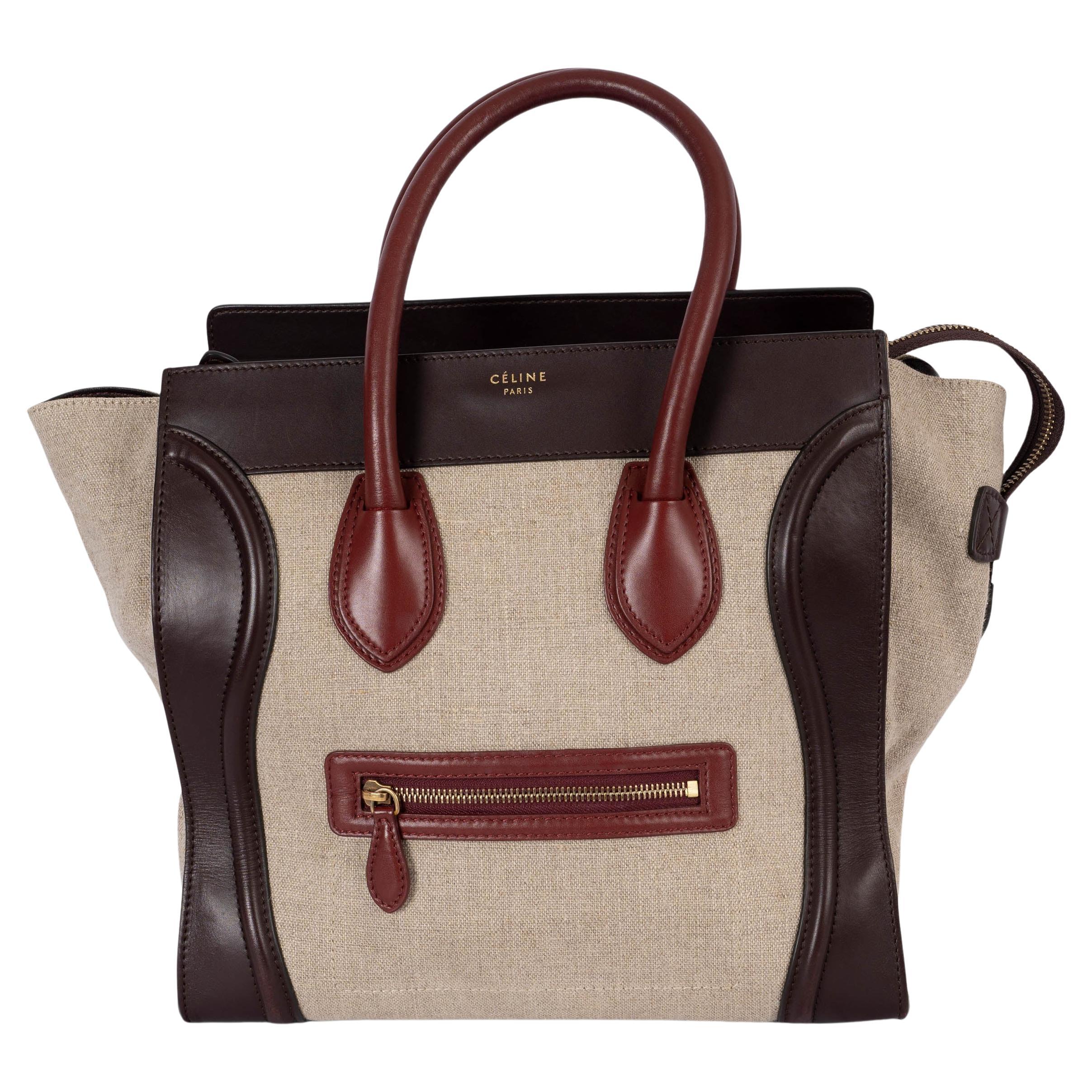 CELINE Haferflockenbraune burgunderfarbene MINI LUGGAGE Tote Bag aus Canvas und Leder im Angebot