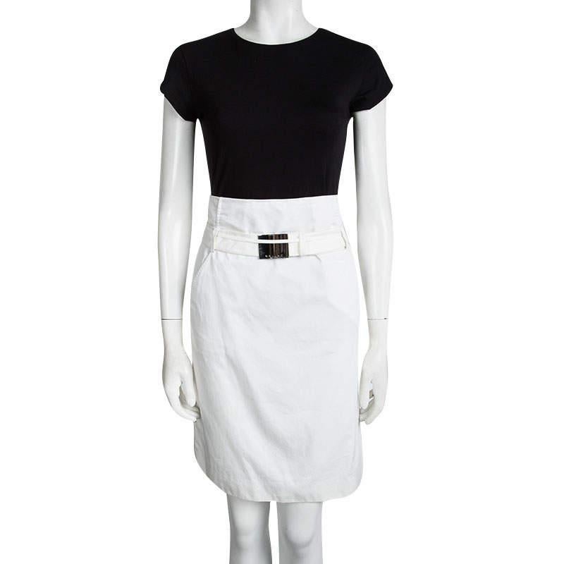 Celine Off White Cotton High Waist Belted Skirt S In Good Condition For Sale In Dubai, Al Qouz 2