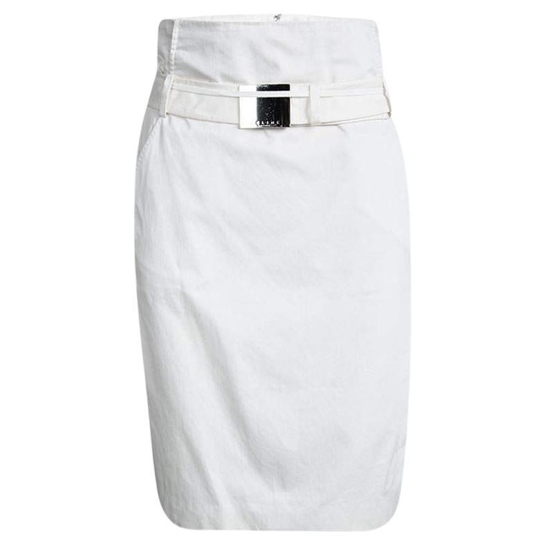 Celine Off White Cotton High Waist Belted Skirt S For Sale