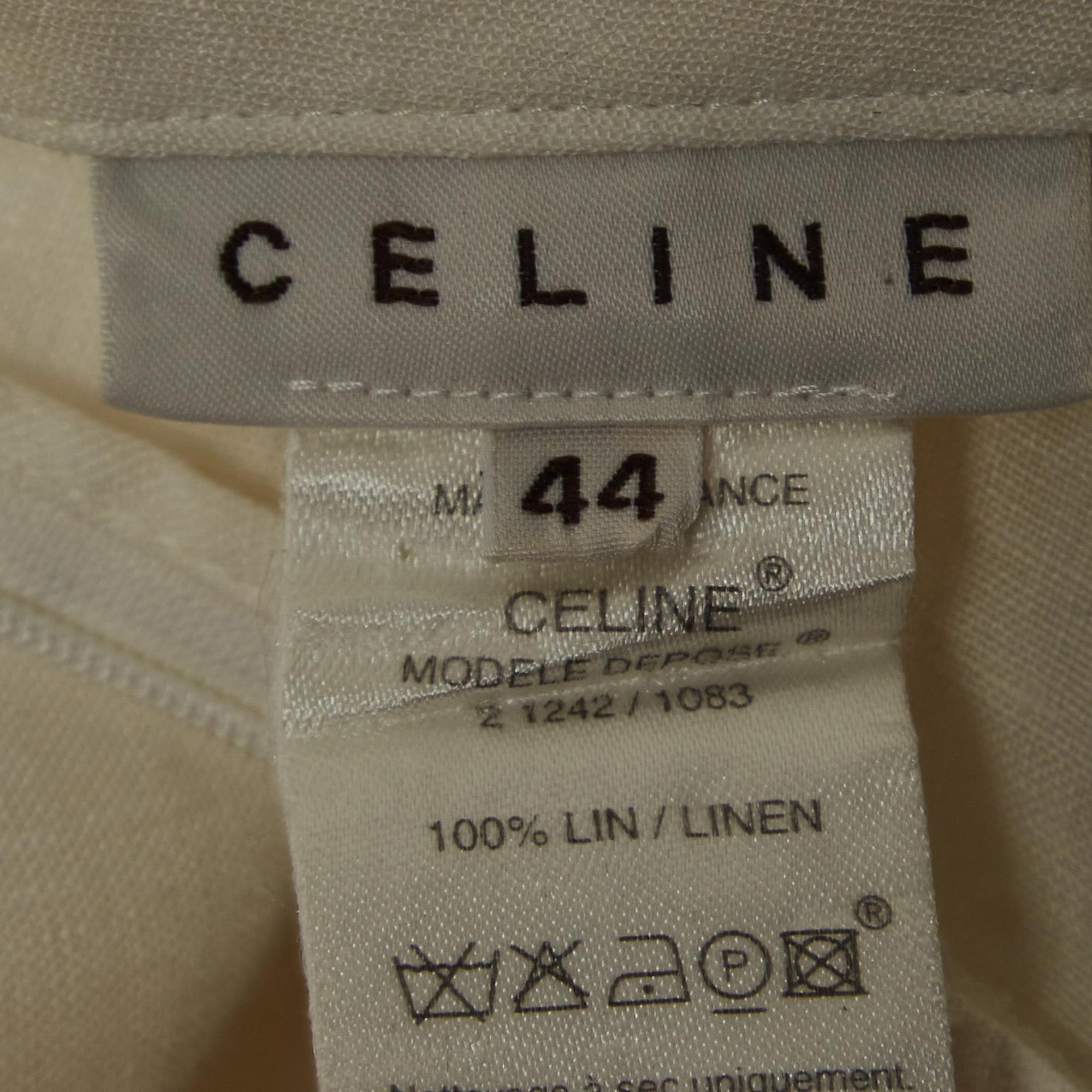 Celine Off White Linen Eyelet Patterned Top & Pants Set L In Excellent Condition In Dubai, Al Qouz 2