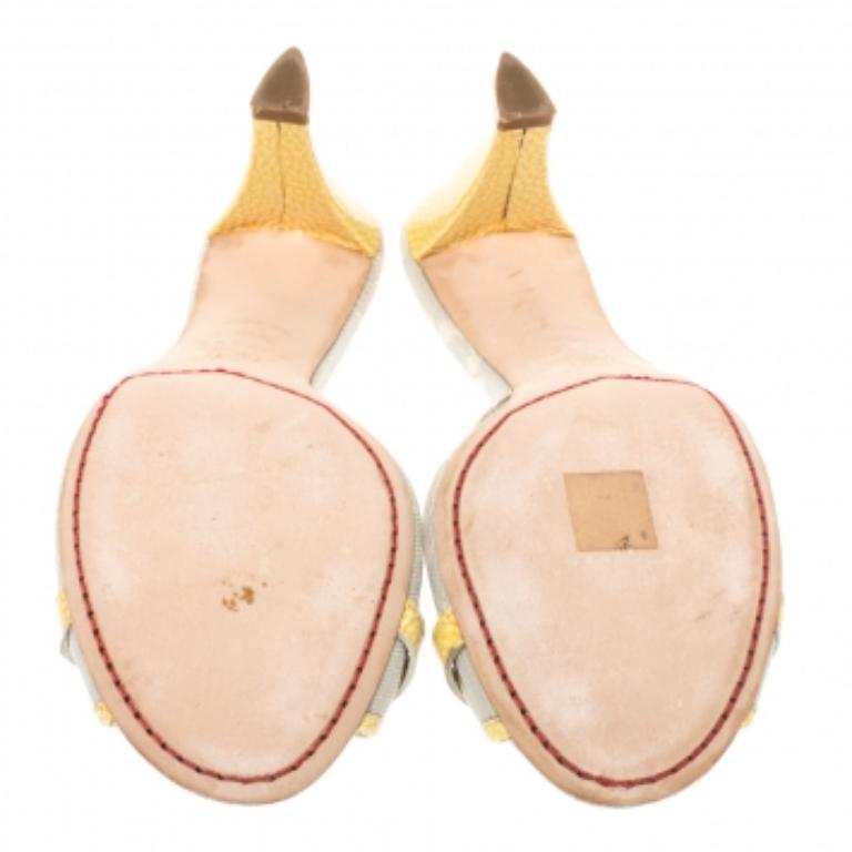 Gray Celine Off-White/Yellow Macadam Canvas And Patent Trim Slide Sandals Size 39.5 For Sale