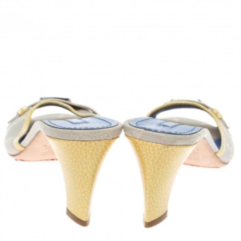 Women's Celine Off-White/Yellow Macadam Canvas And Patent Trim Slide Sandals Size 39.5 For Sale