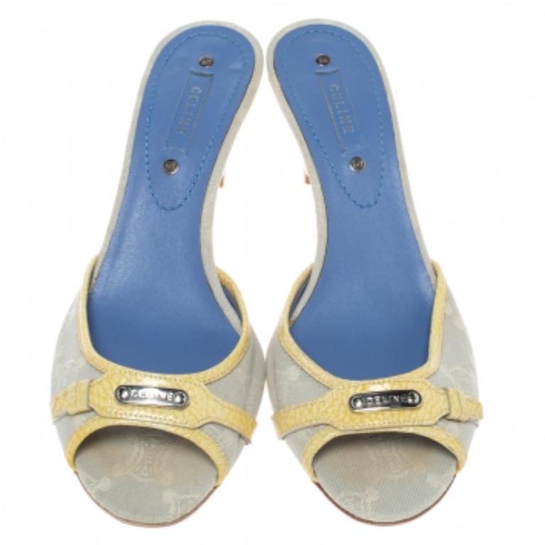 Celine Off-White/Yellow Macadam Canvas And Patent Trim Slide Sandals Size 39.5 For Sale 1