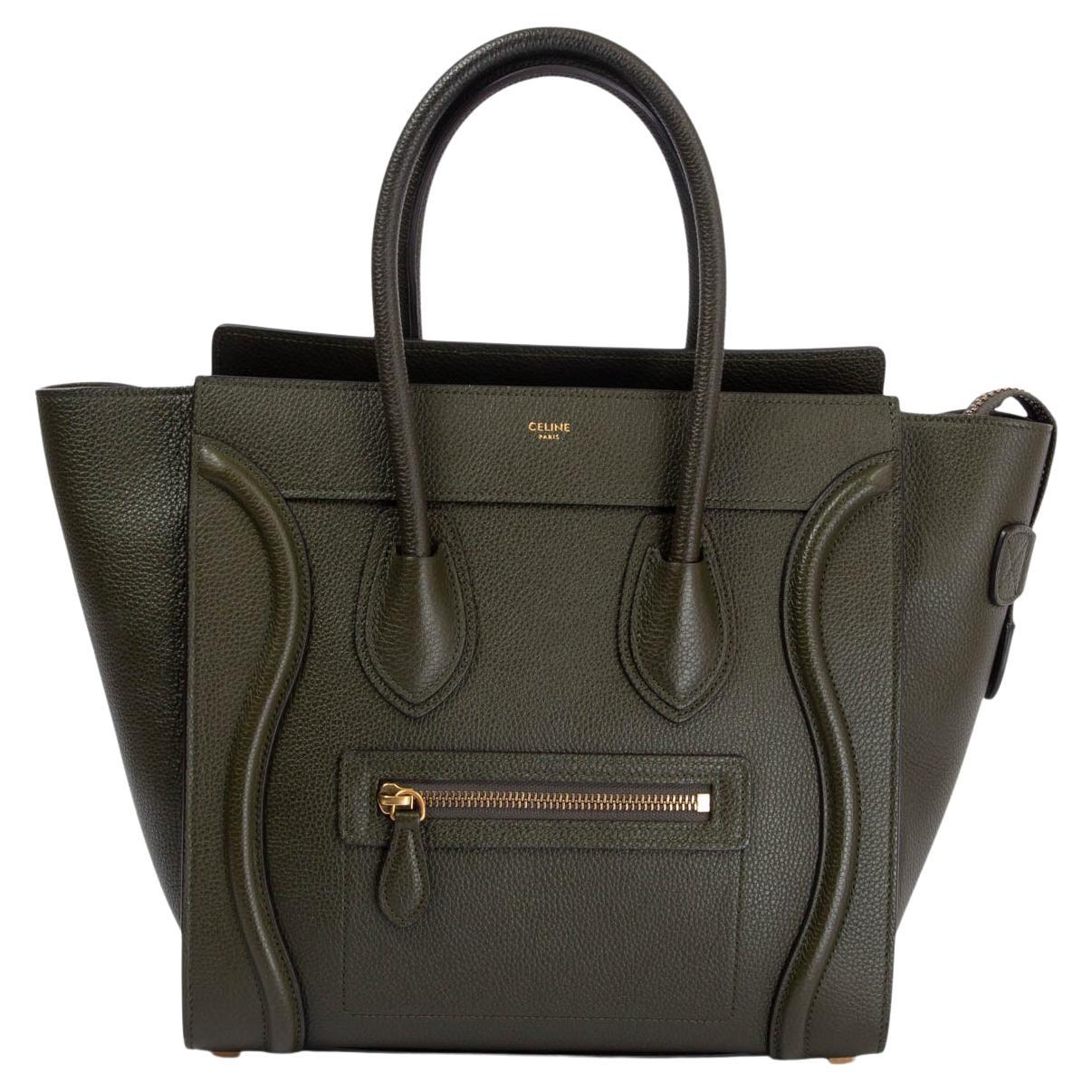 CELINE olive green grained leather MICRO LUGGAGE Tote Bag