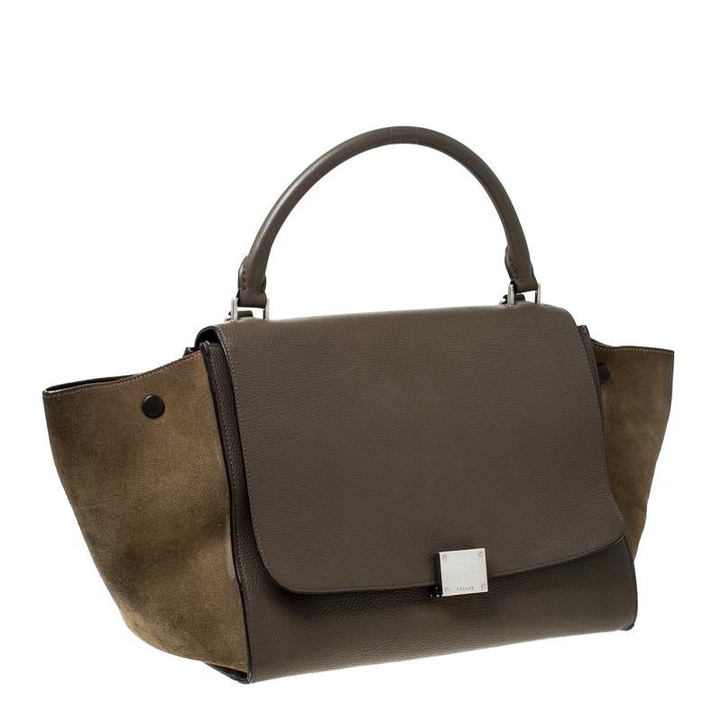 Celine Olive Green Leather and Suede Medium Trapeze Bag In Good Condition In Dubai, Al Qouz 2