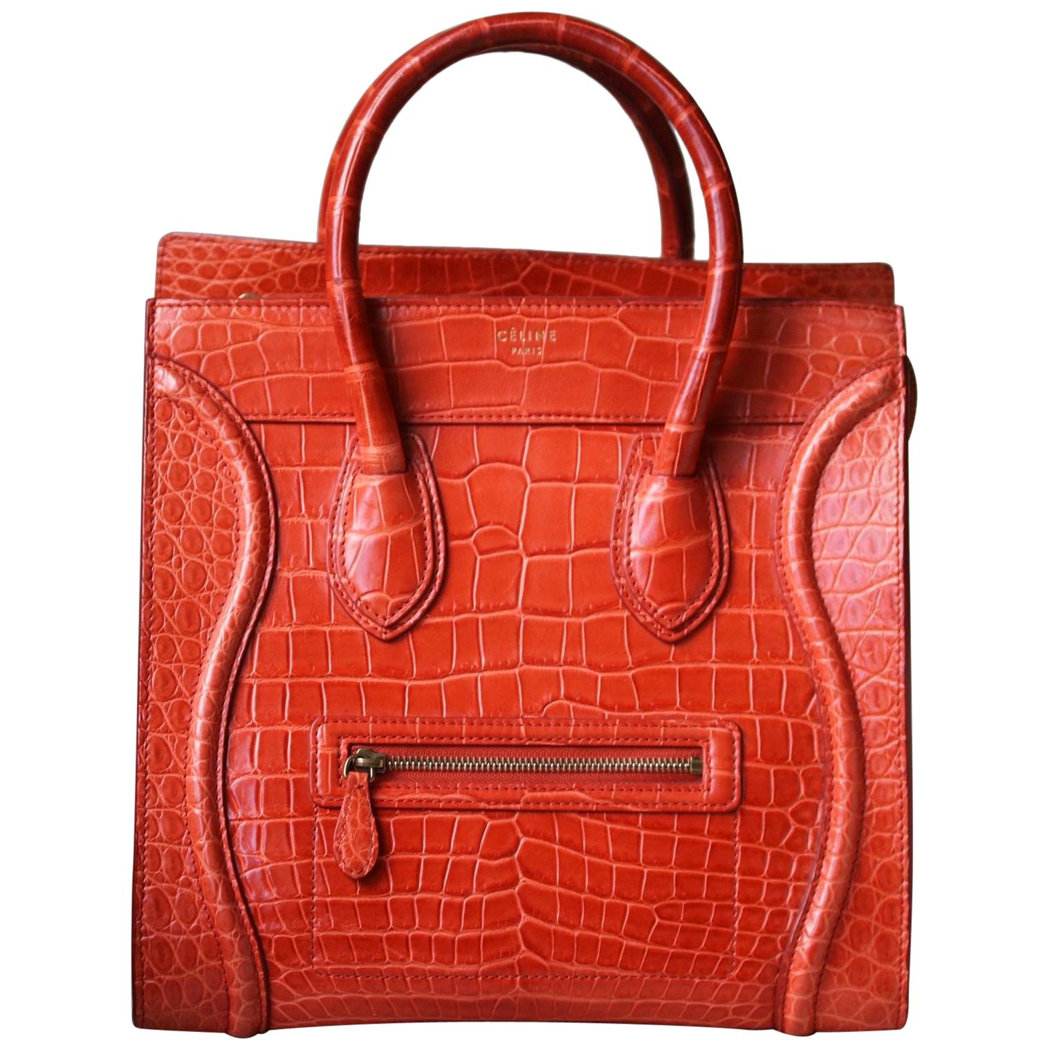 Céline Orange Crocodile Luggage Bag With Gold H/W For Sale