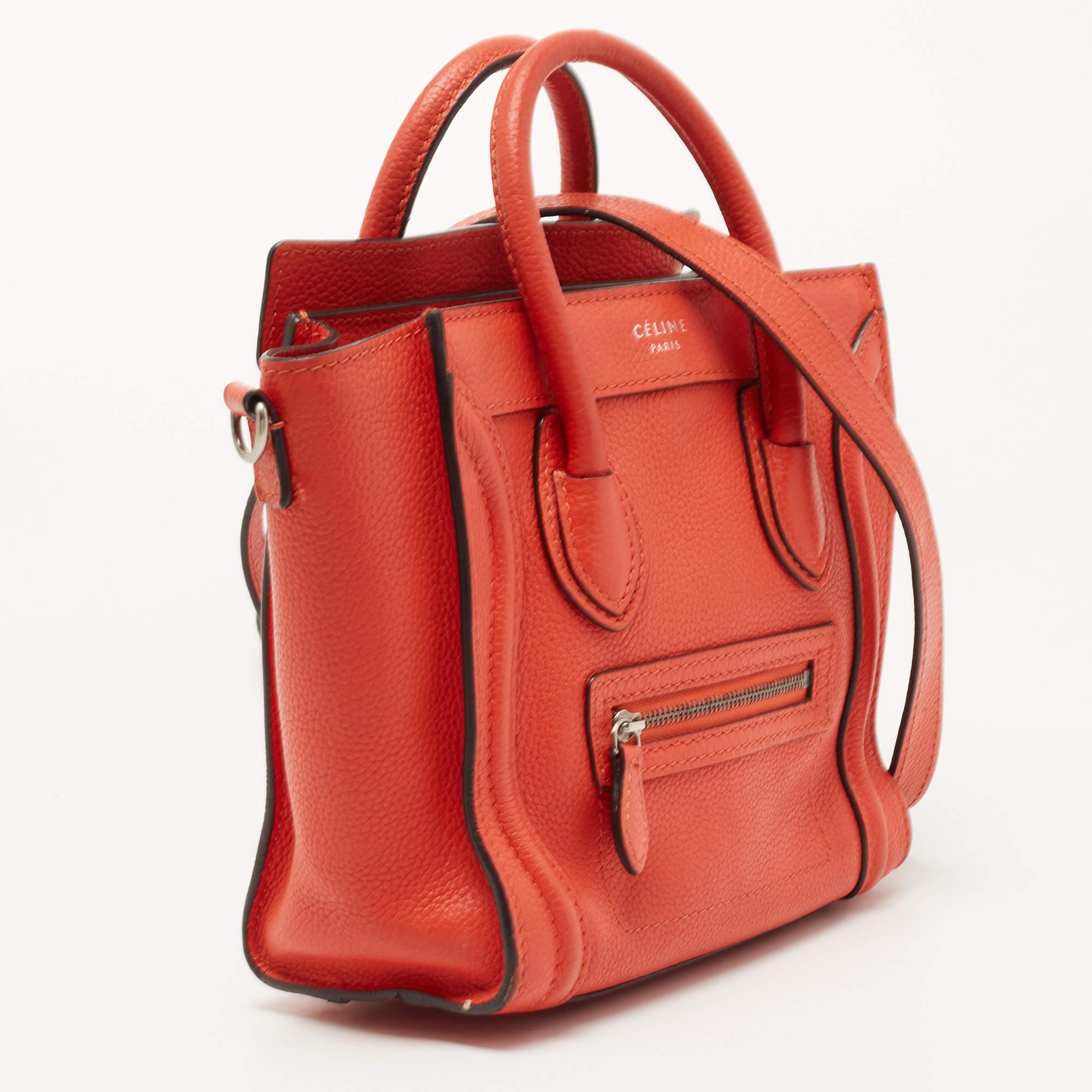 Women's Céline Orange Grained Leather Nano Luggage Tote