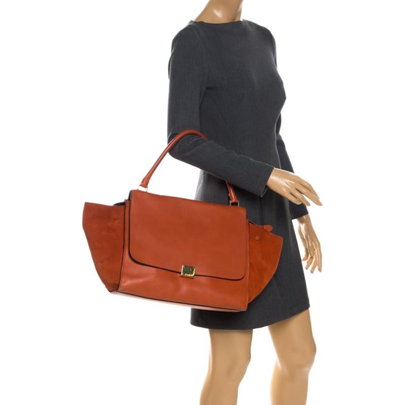 Celine Orange Leather and Suede Large Trapeze Bag In Excellent Condition In Dubai, Al Qouz 2