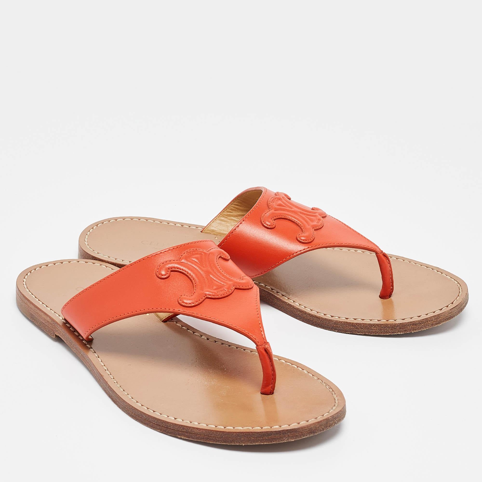 Women's Celine Orange Leather Triomphe Thong Flats Size 37.5