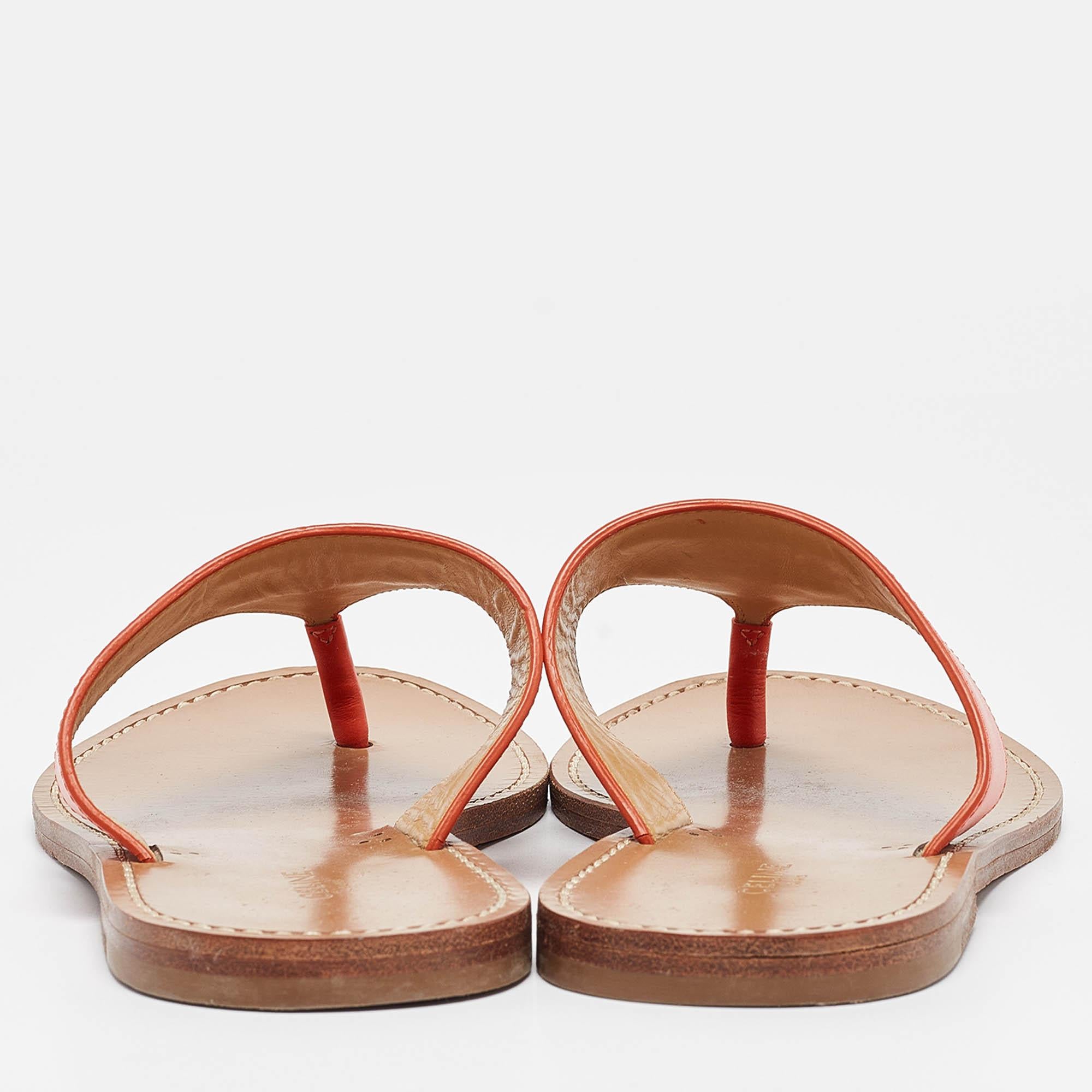 Celine Orange Leather Triomphe Thong Flats Size 37.5 1