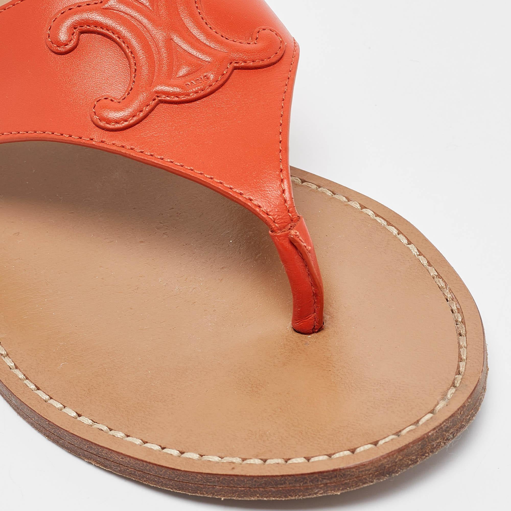 Celine Orange Leather Triomphe Thong Flats Size 37.5 3