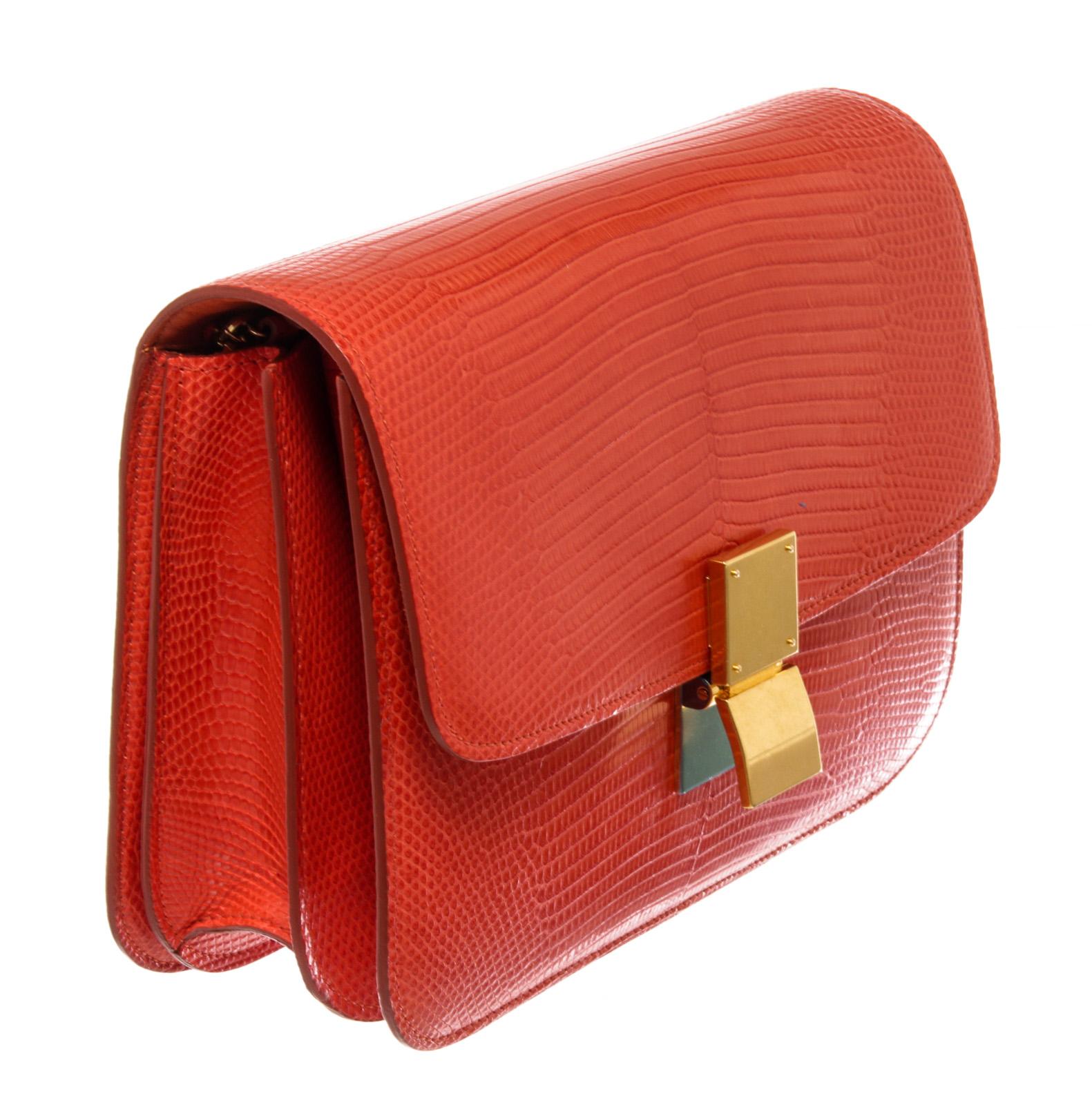 Celine Orange Eidechsenhaut Leder Medium Box Umhängetasche (Rot)