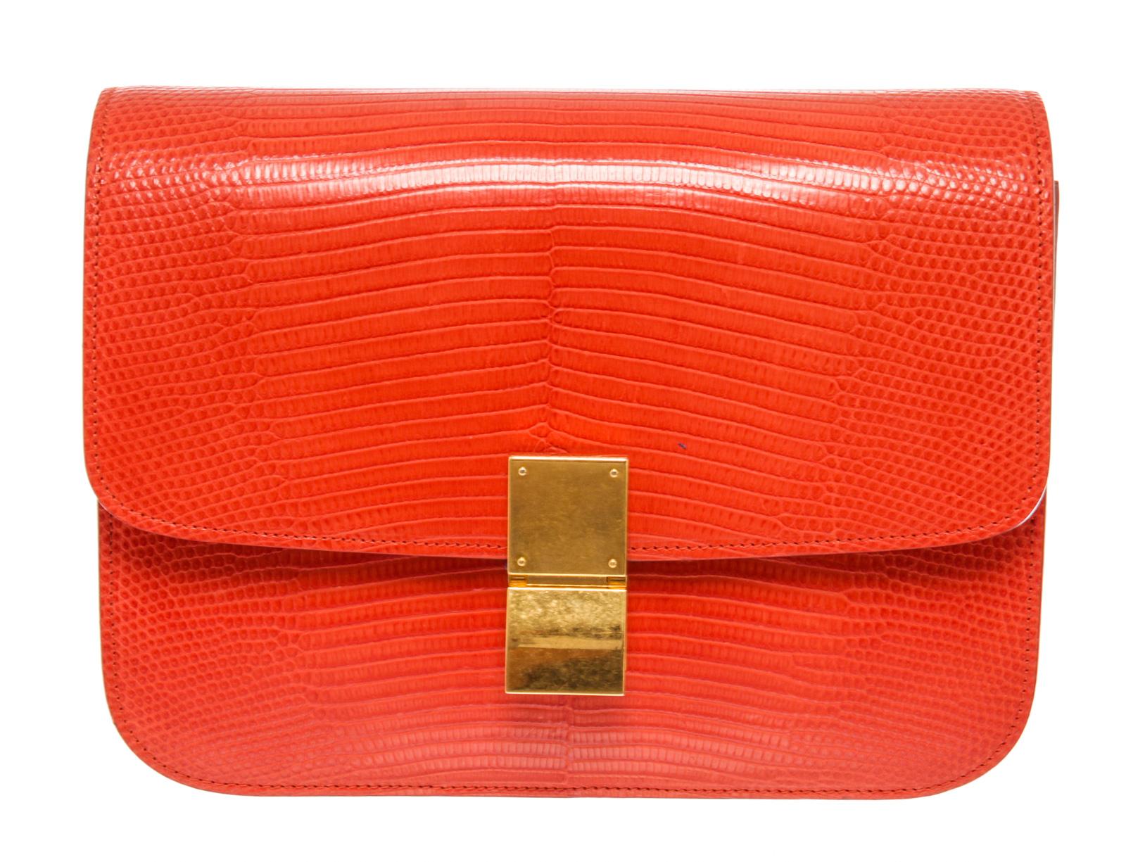Celine Orange Eidechsenhaut Leder Medium Box Umhängetasche im Zustand „Gut“ in Irvine, CA