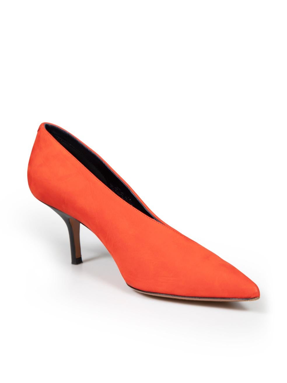CONDITION is Very good. Minimal wear to pumps is evident. Minimal marks and abrasions to the front, back and sides of both shoes. Abrasion is seen on the left heel on this used Céline designer resale item.
 
 
 
 Details
 
 
 Orange
 
 Suede
 
