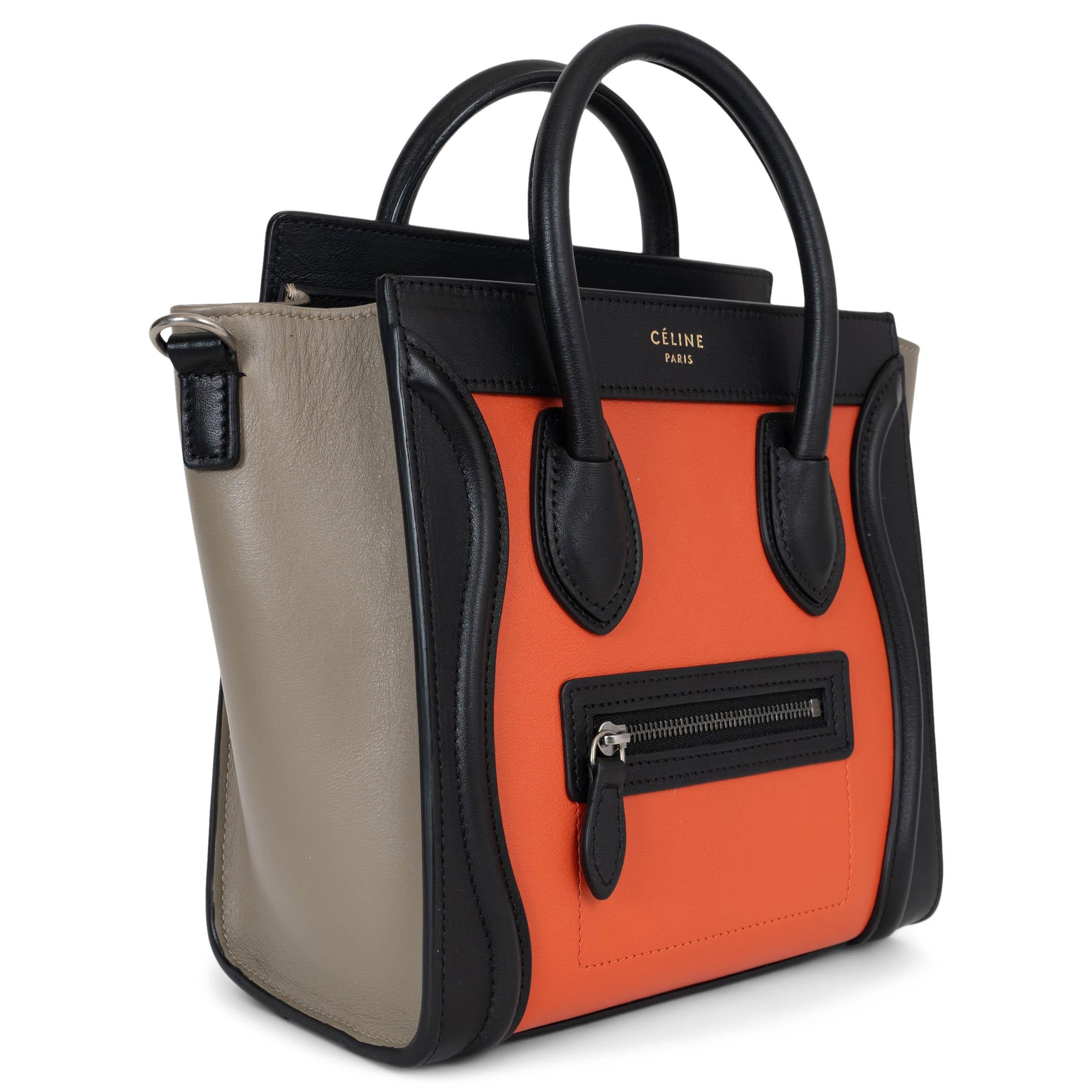 Este bolso tote tricolor Nano Luggage 100% auténtico de Celine en piel de becerro lisa de color naranja brillante, acentuado con adornos de piel negra y fuelles de color topo, es una versión llamativa del diseño icónico. Con herrajes en tono