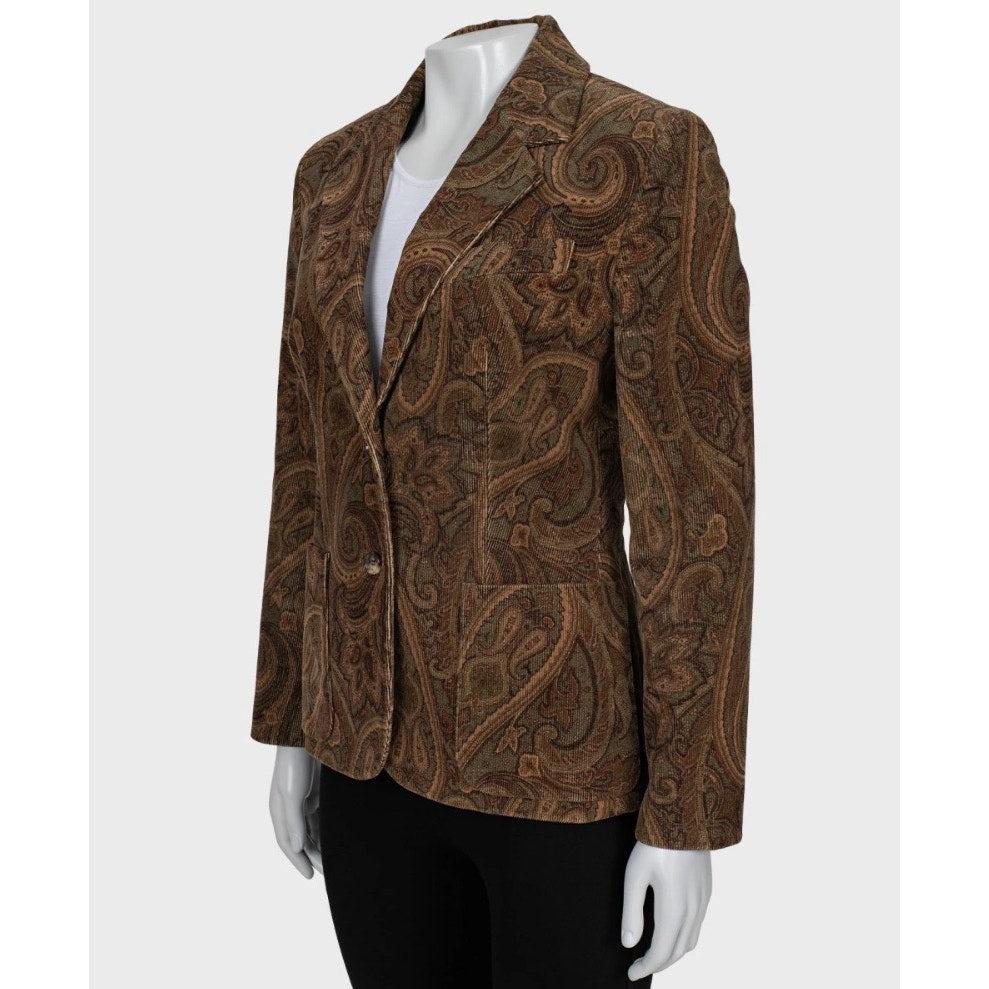 Esci con stile con questa elegante giacca Celine, caratterizzata da un'intramontabile stampa paisley. Questa giacca aderente è realizzata in un comodo misto cotone che la rende un'aggiunta chic a qualsiasi guardaroba. Perfetto per aggiungere un