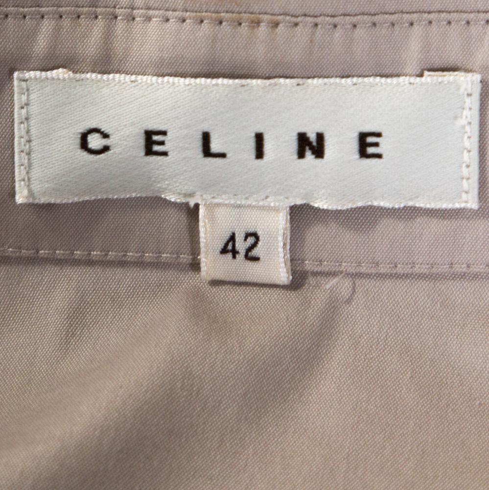 Gray Celine Pale Grey Stretch Cotton Braided Front Detail Midi Dress L