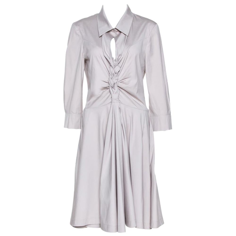Celine Pale Grey Stretch Cotton Braided Front Detail Midi Dress L