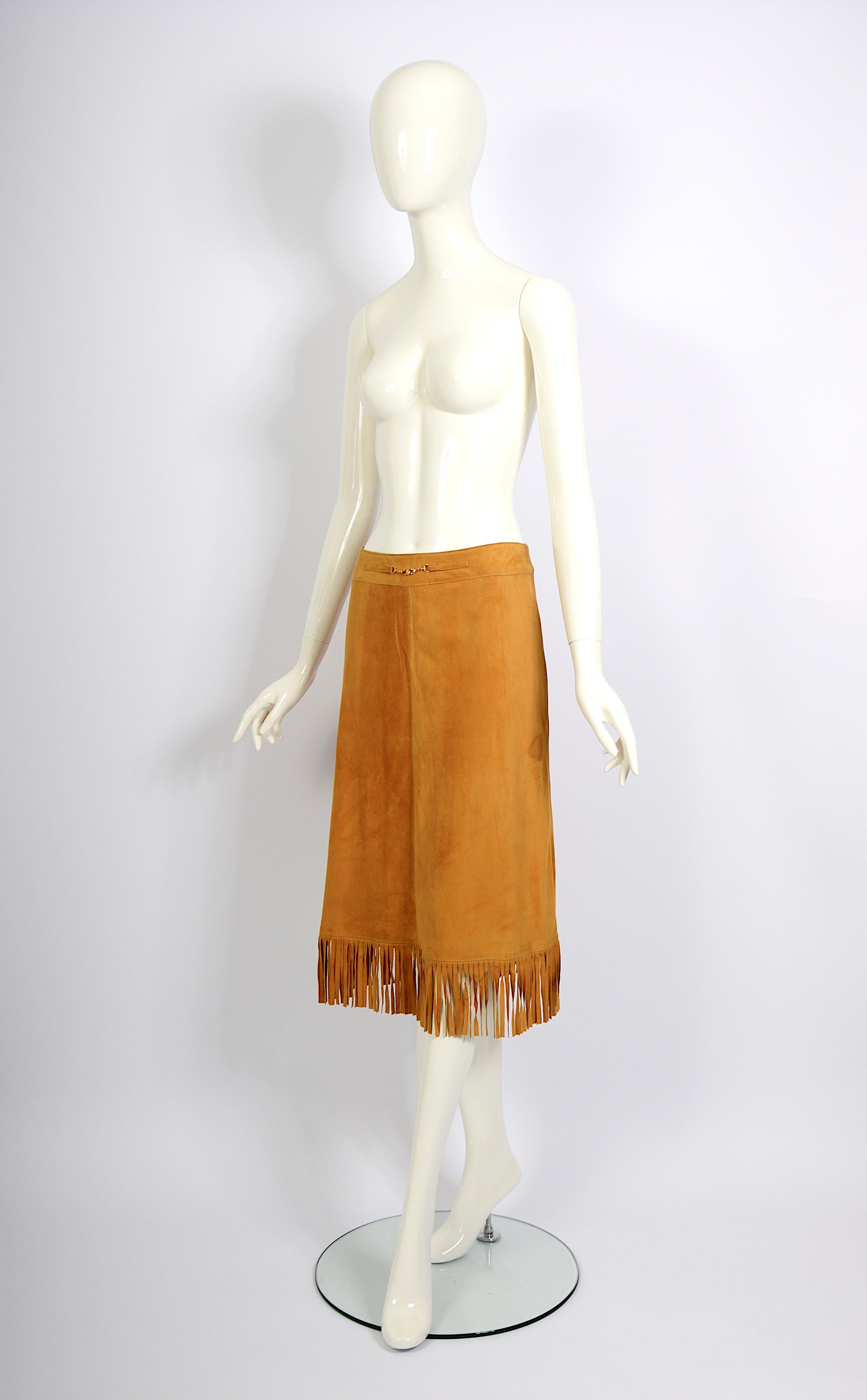 Orange Céline Paris 1970s vintage fringed suede A-line skirt