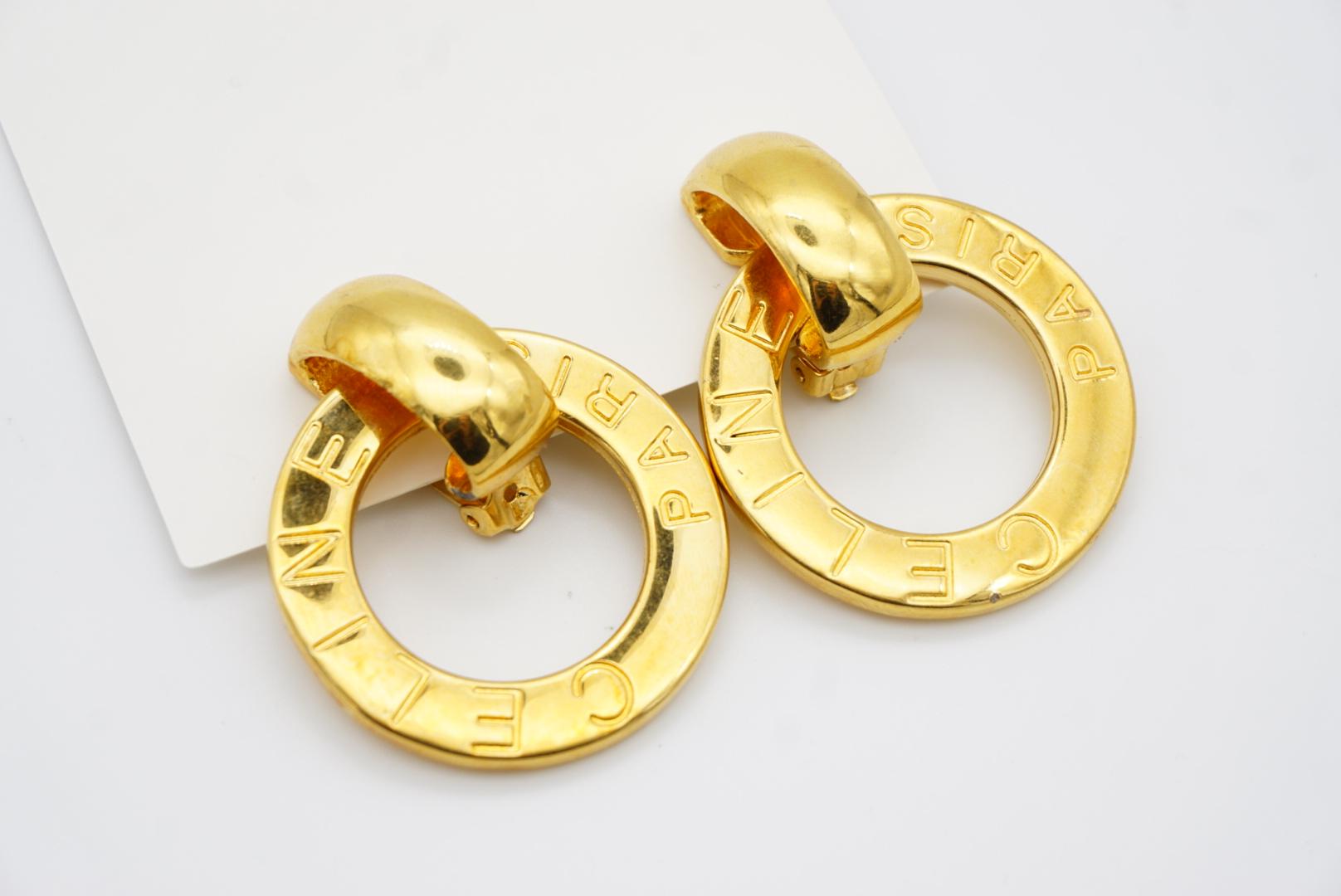 Celine Paris 1980s Vintage Massive Iconic Logo Circle Hoop Drop Clip Earrings en venta 6