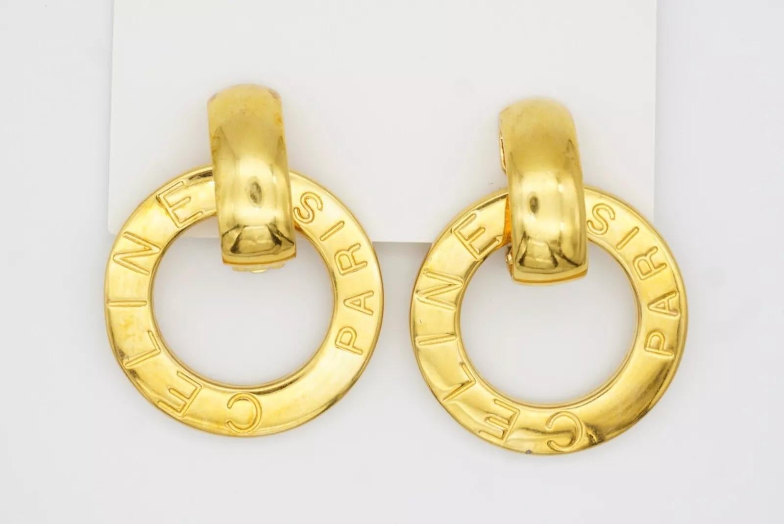 Celine Paris 1980s Vintage Massive Iconic Logo Circle Hoop Drop Clip Earrings en venta 11