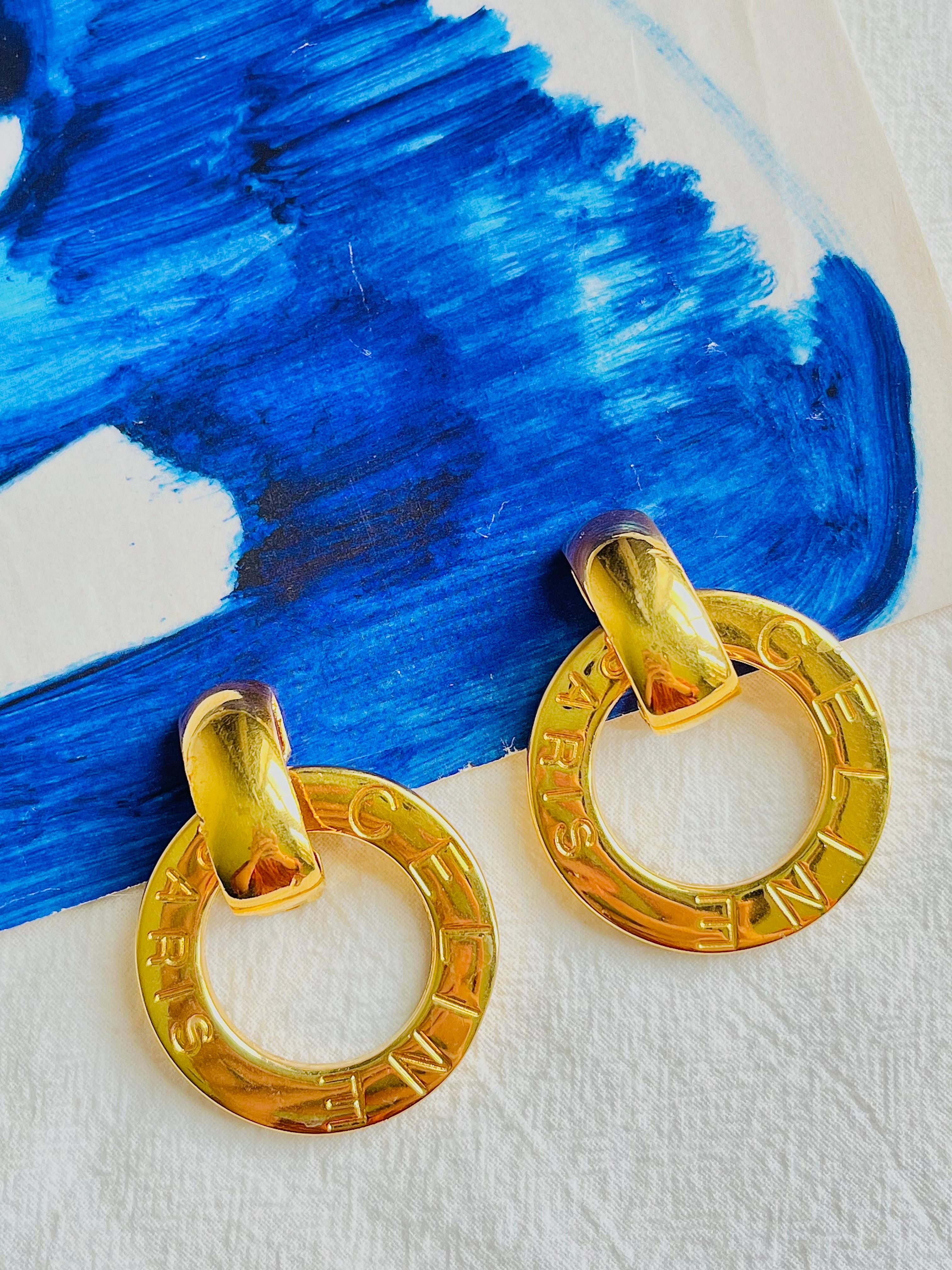 Celine Paris 1980s Vintage Massive Iconic Logo Circle Hoop Drop Clip Earrings Barroco