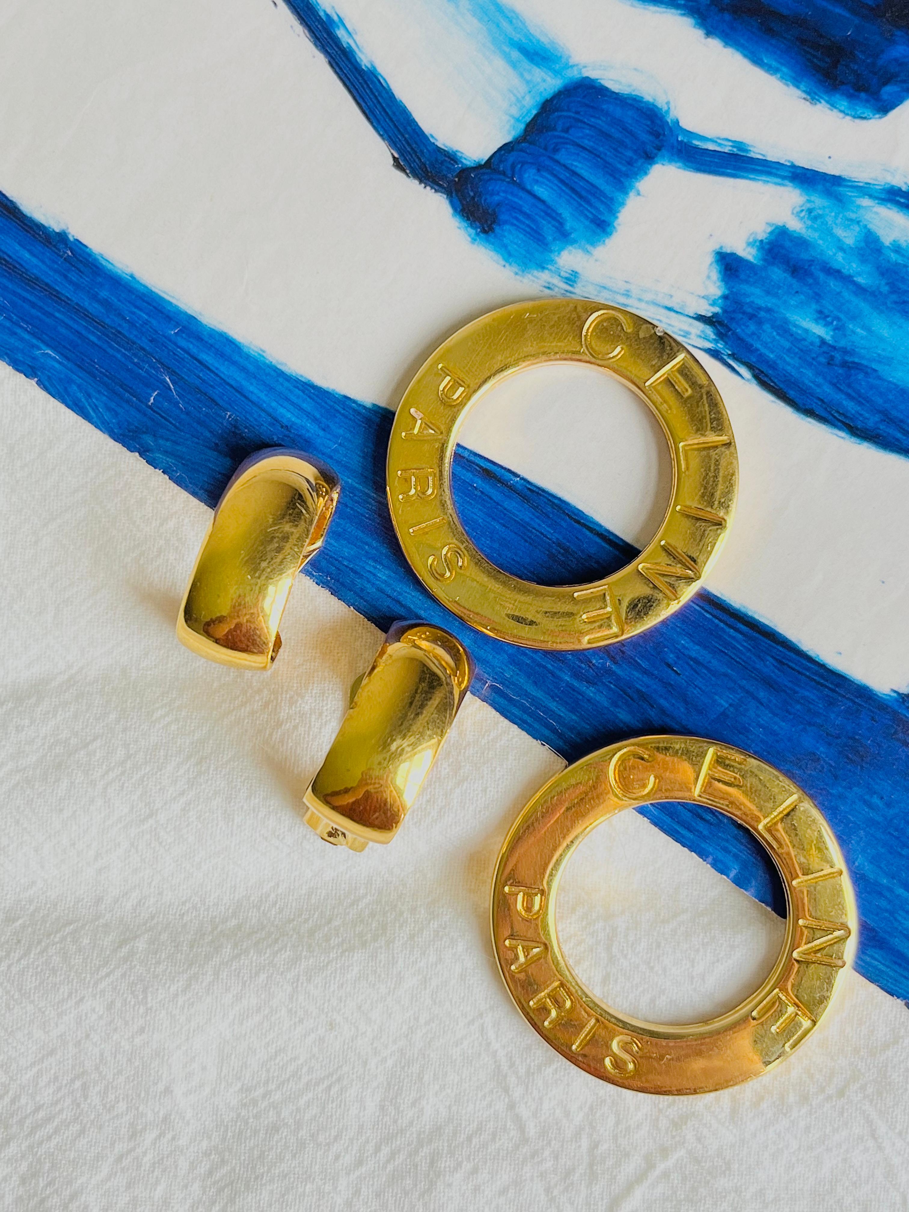 De las mujeres Celine Paris 1980s Vintage Massive Iconic Logo Circle Hoop Drop Clip Earrings