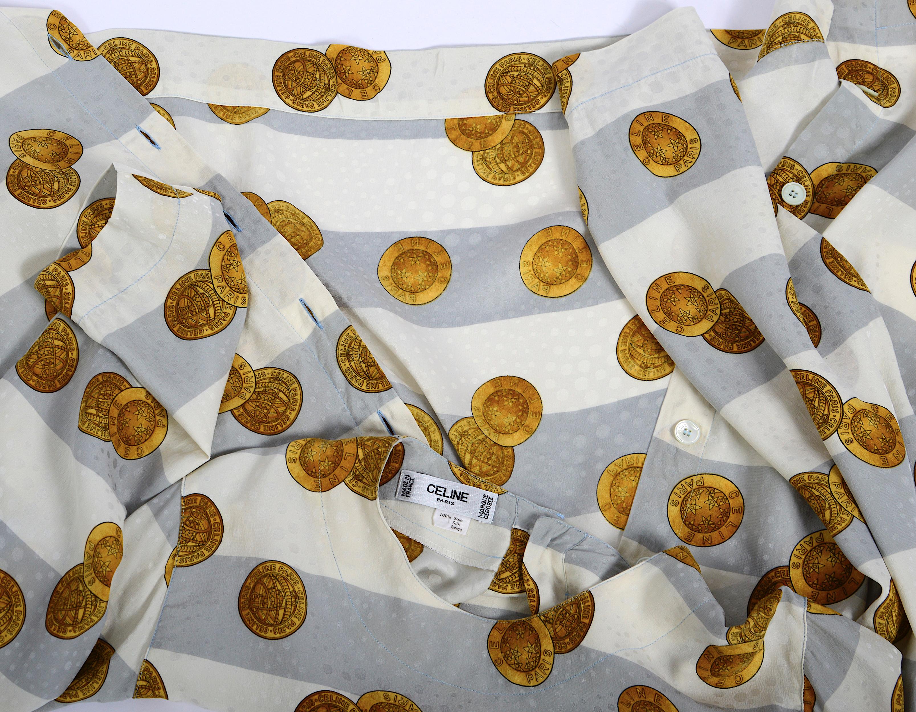 Céline Paris 80s timeless vintage striped silk printed signed gold coins blouse. For Sale 5