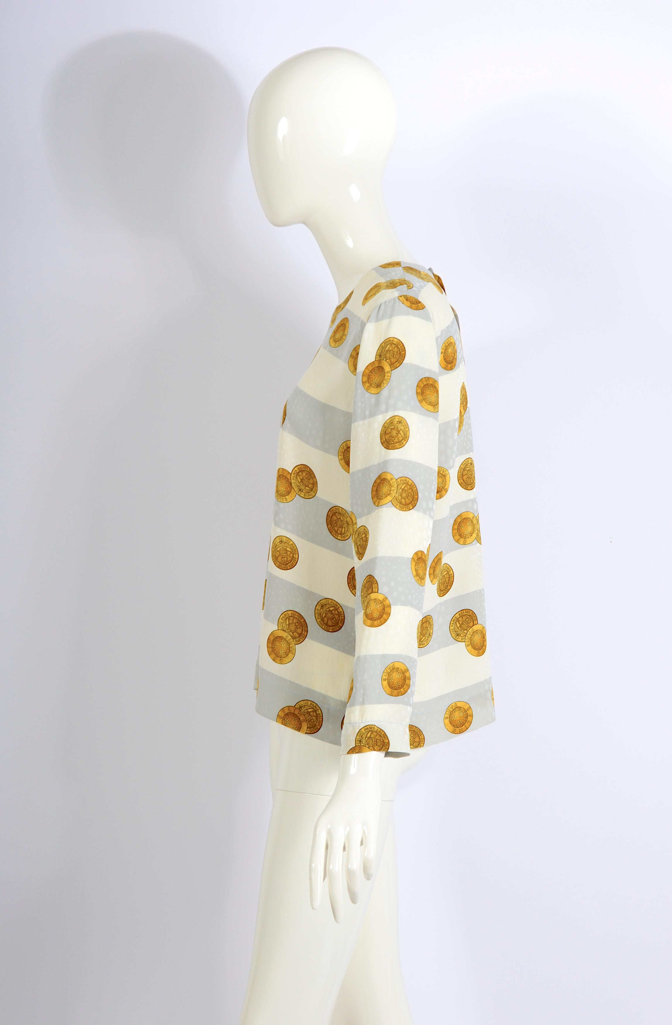 Gold Céline Paris 80s timeless vintage striped silk printed signed gold coins blouse. For Sale