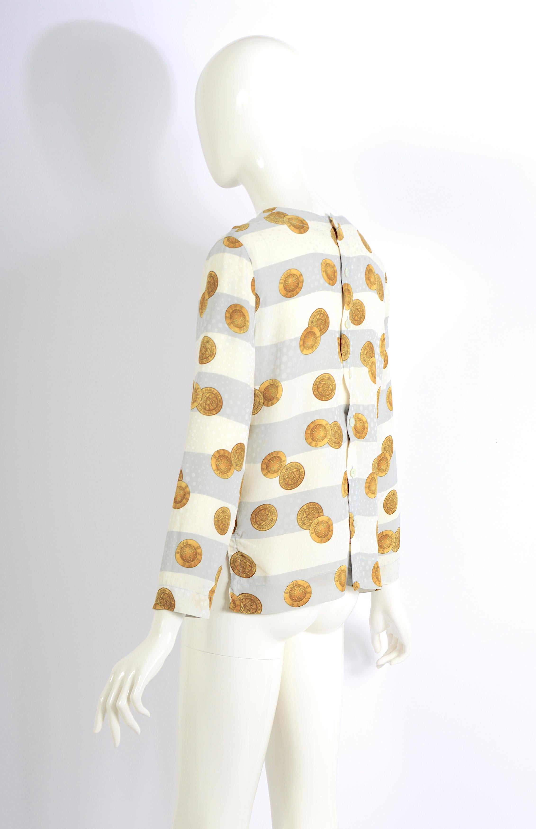 Céline Paris 80s timeless vintage striped silk printed signed gold coins blouse. In Excellent Condition For Sale In Antwerpen, Vlaams Gewest