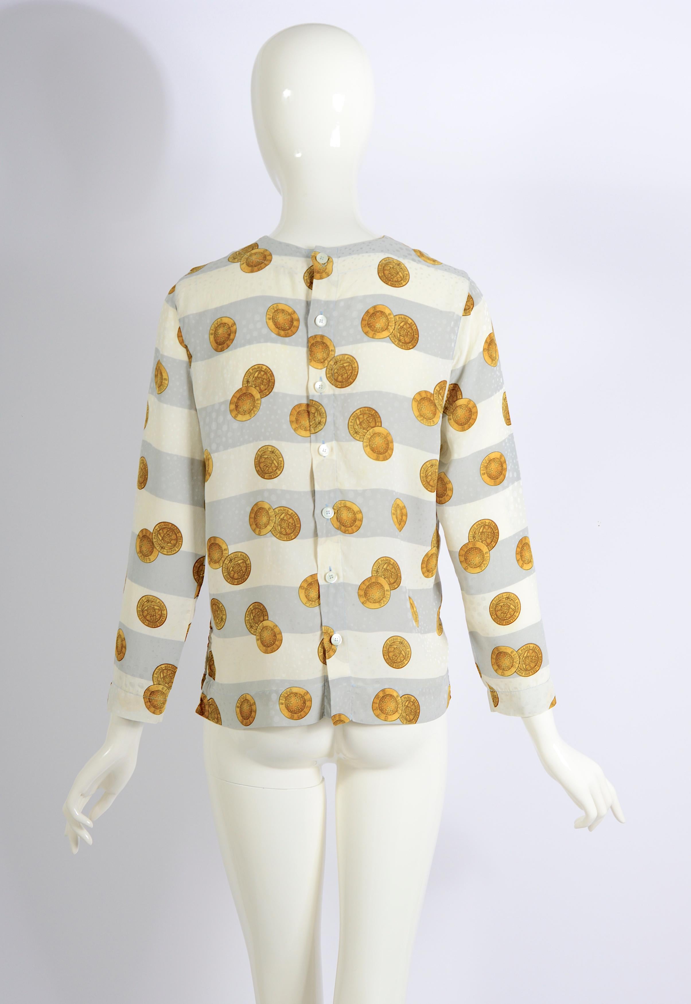Women's or Men's Céline Paris 80s timeless vintage striped silk printed signed gold coins blouse. For Sale